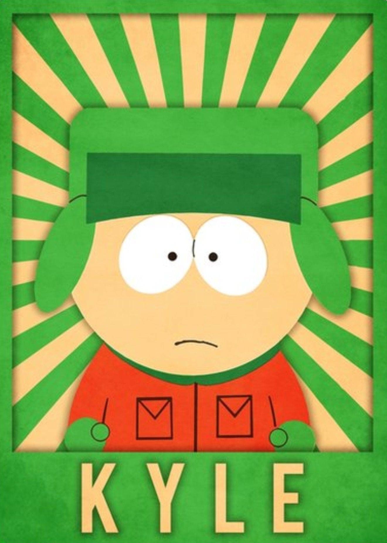 Kyle Broflovski 桌布 壁紙 — 來自南方公園的Kyle Broflovski站在綠色和黃色太陽光線背景前，下方有他的名字。