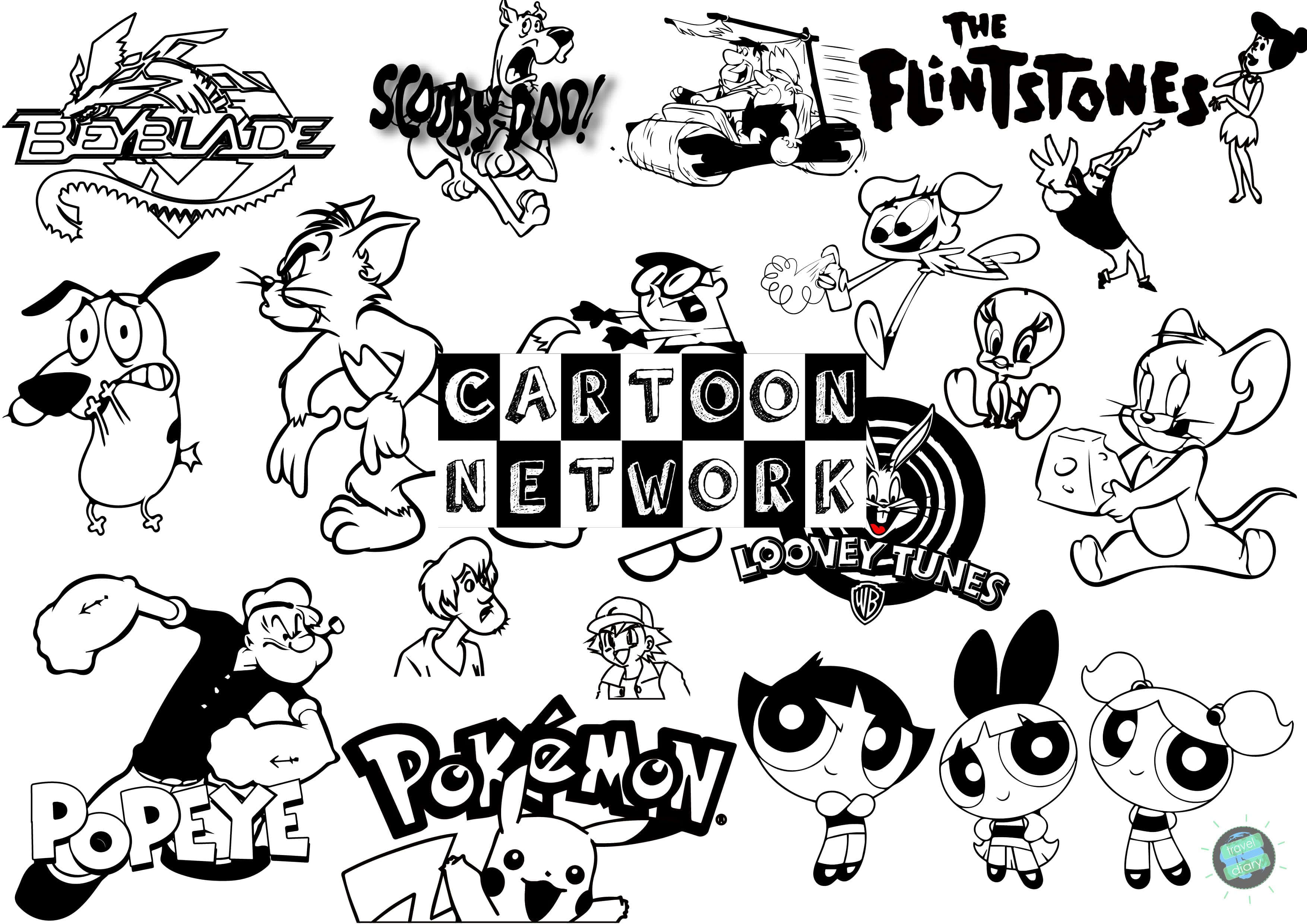 Cartoon Colouring 桌布 壁紙 — 來自各種動畫系列和特許經營權的標誌性卡通人物和標誌的黑白拼貼畫。