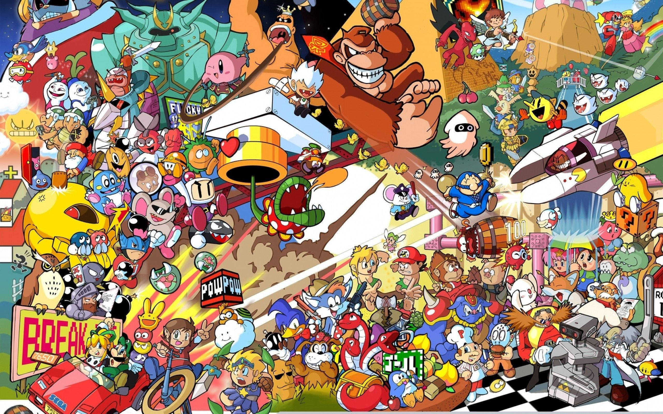 Smash Bros Ultimate 桌布 壁紙 — 來自多個系列的標誌性電子遊戲角色在一個充滿活力、動作密集的拼貼畫中碰撞的混亂爆炸。