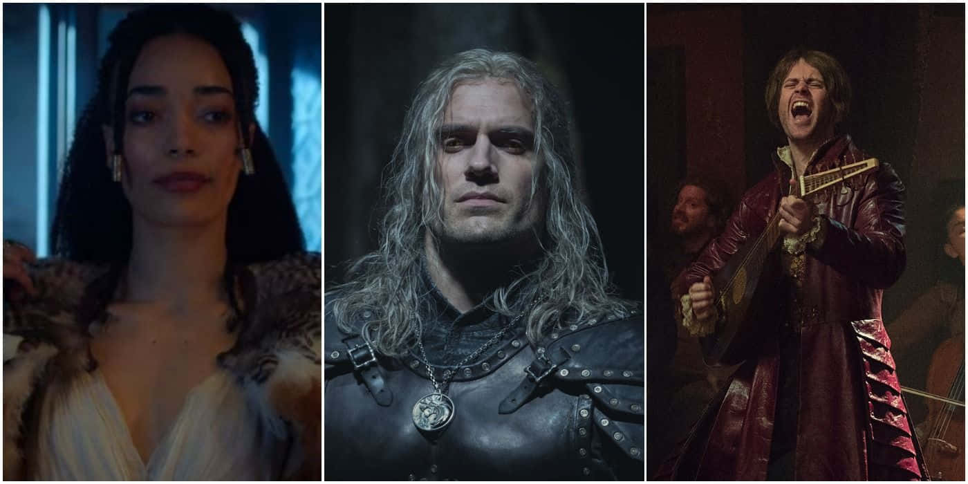 The Witcher Characters 桌布 壁紙 — 來自奇幻系列的三個戲劇性角色肖像：一位穿著毛邊長袍的女人，一位長銀色頭髮的戰士，以及一位穿著紅袍熱情歌唱的男人。