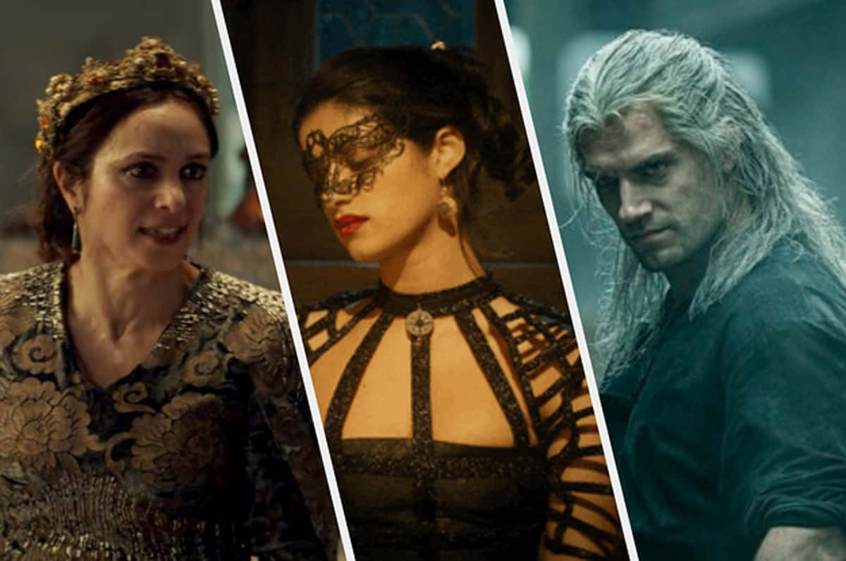 The Witcher Characters 桌布 壁紙 — 來自奇幻系列的三個角色以戲劇性的特寫鏡頭呈現，穿著華麗的服裝，表情強烈。