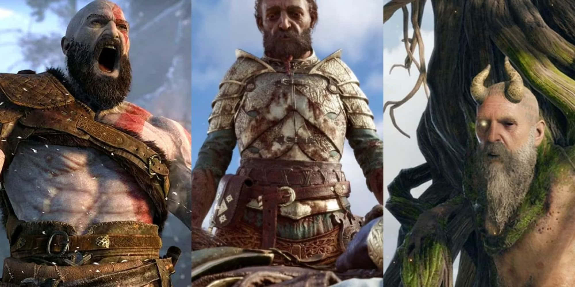 God Of War Characters 桌布 壁紙 — 來自奇幻遊戲的三名兇猛戰士，身著精細盔甲，擺出戰鬥姿勢，表情強烈。