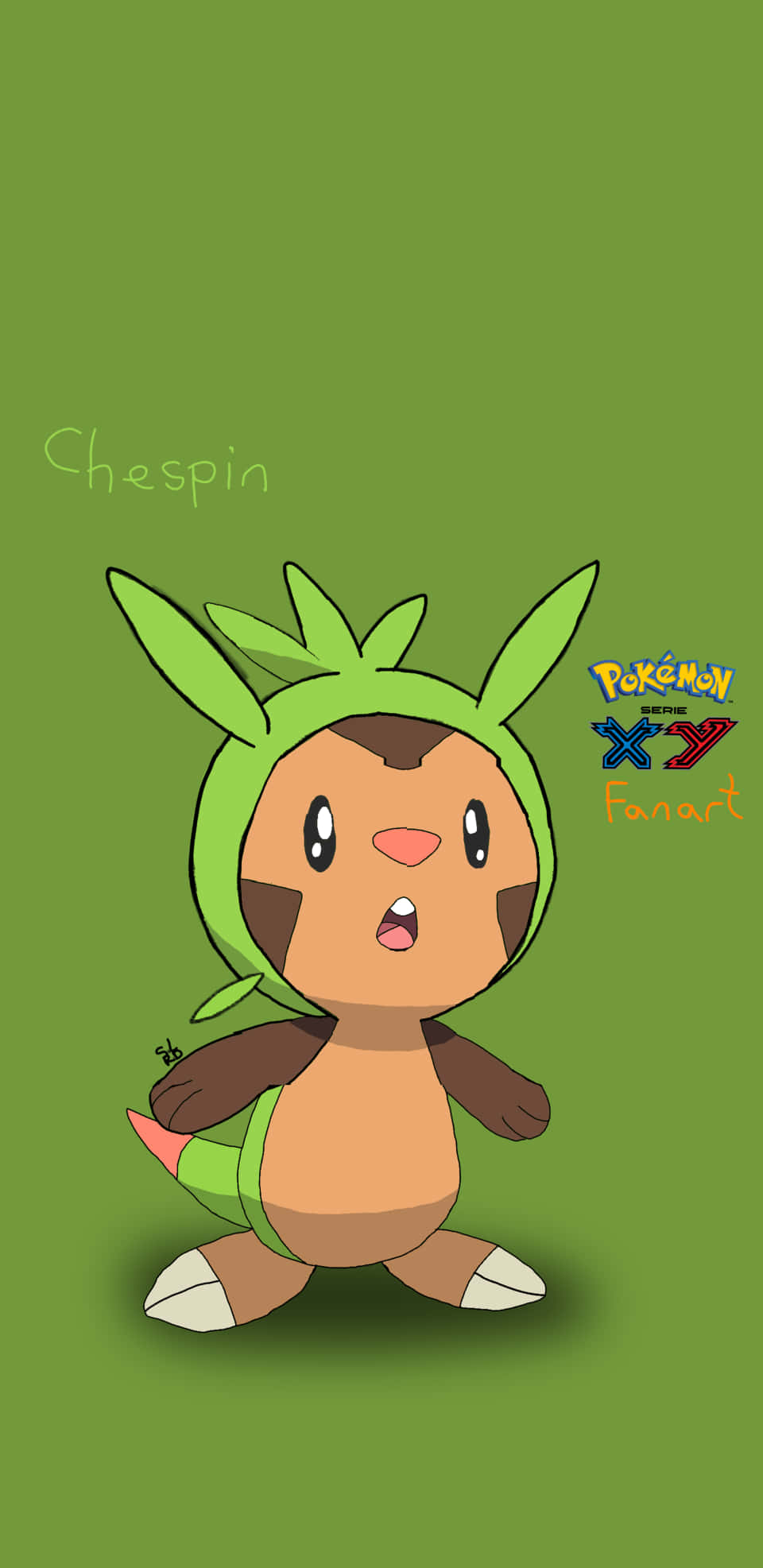 寶可夢 桌布 壁紙 — 來自寶可夢XY的可愛卡通Chespin，在純綠色背景上露出驚訝的表情。