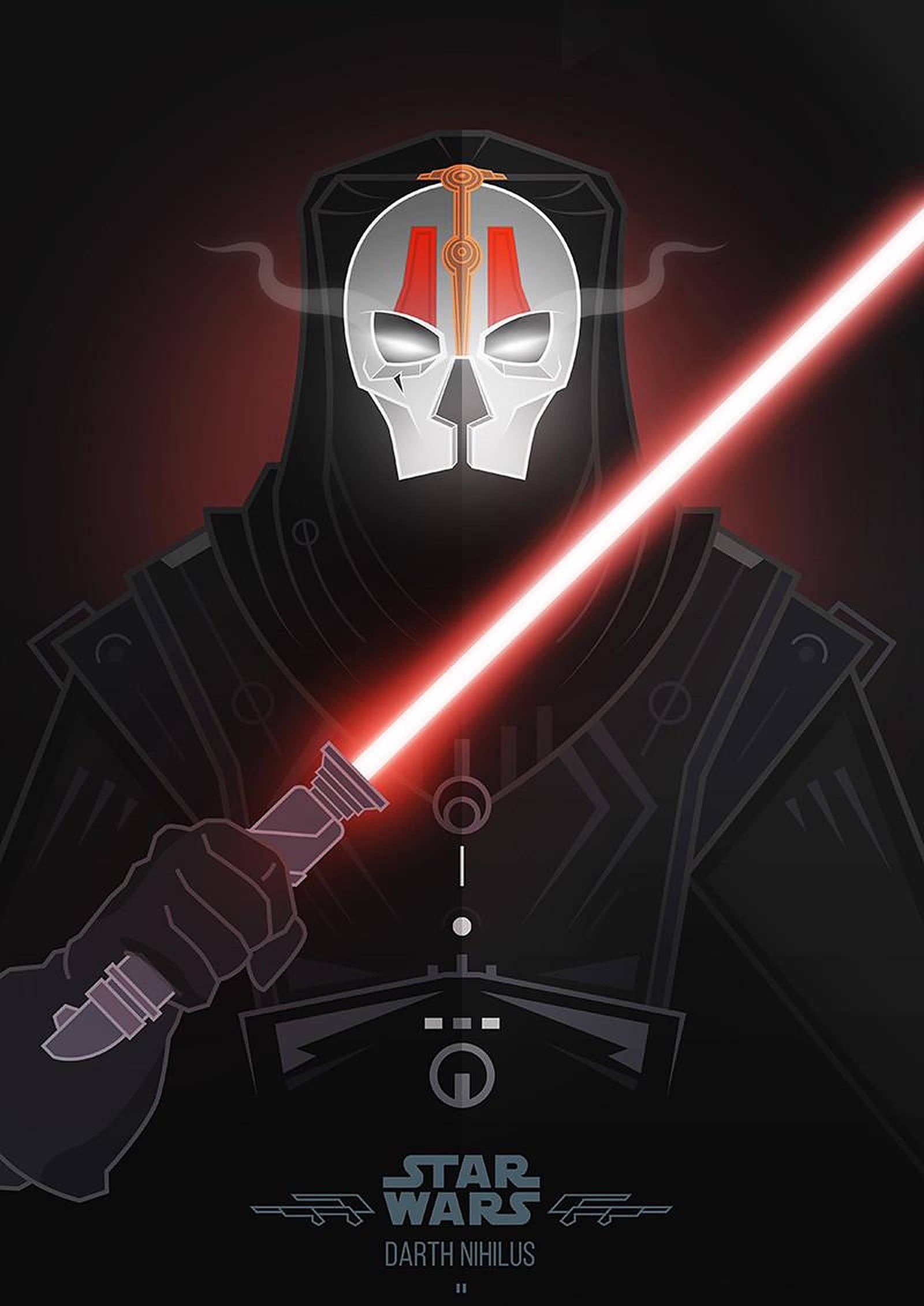Darth Nihilus 桌布 壁紙 — 來自星際大戰的風格化達斯·尼希拉斯在黑暗背景及紅色環境光中揮舞著發光的紅色光劍。