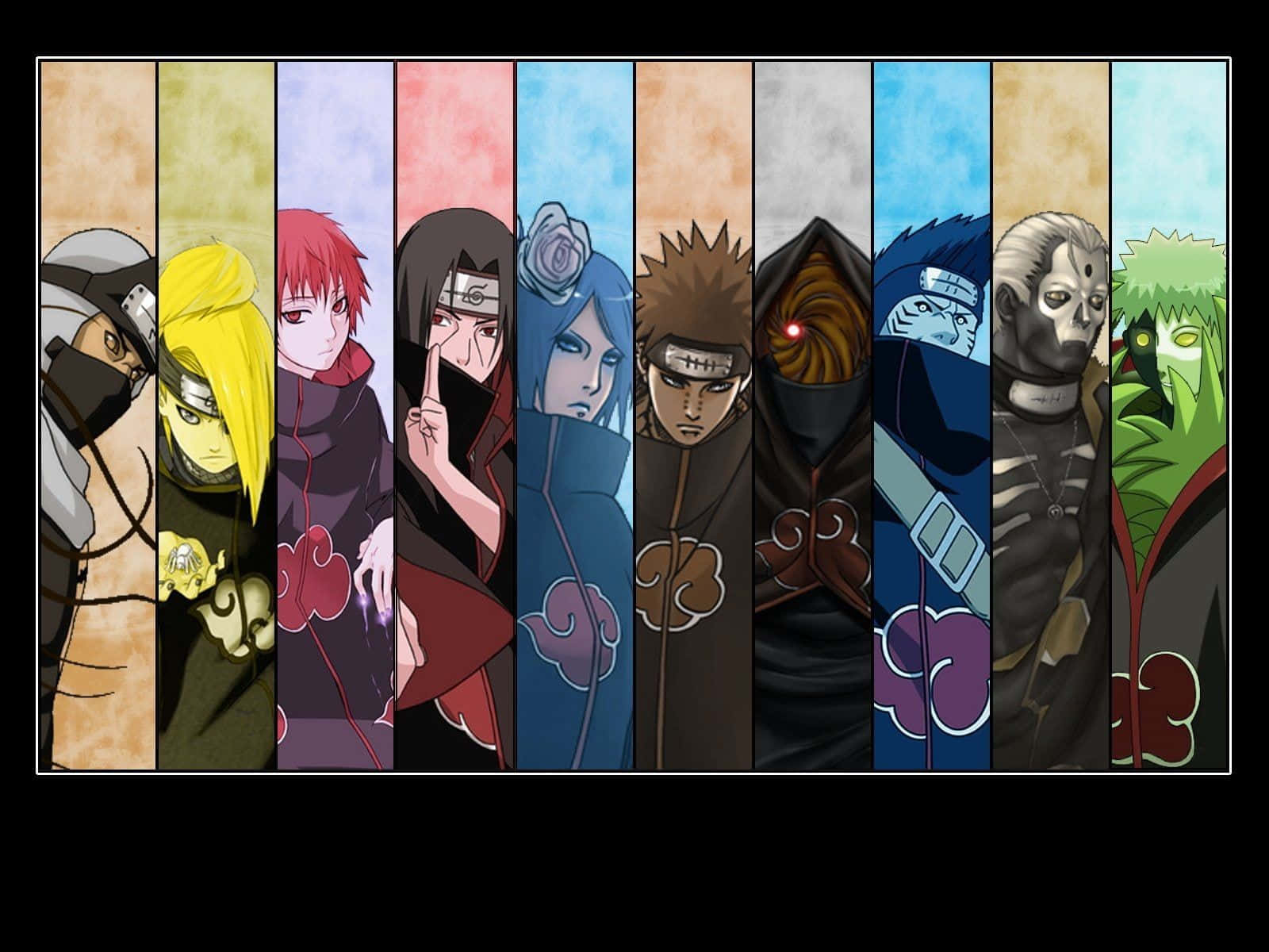 Akatsuki Members 桌布 壁紙 — 來自曉的九個動漫角色站在垂直面板中，每個都有獨特的顏色背景和嚴肅的表情。