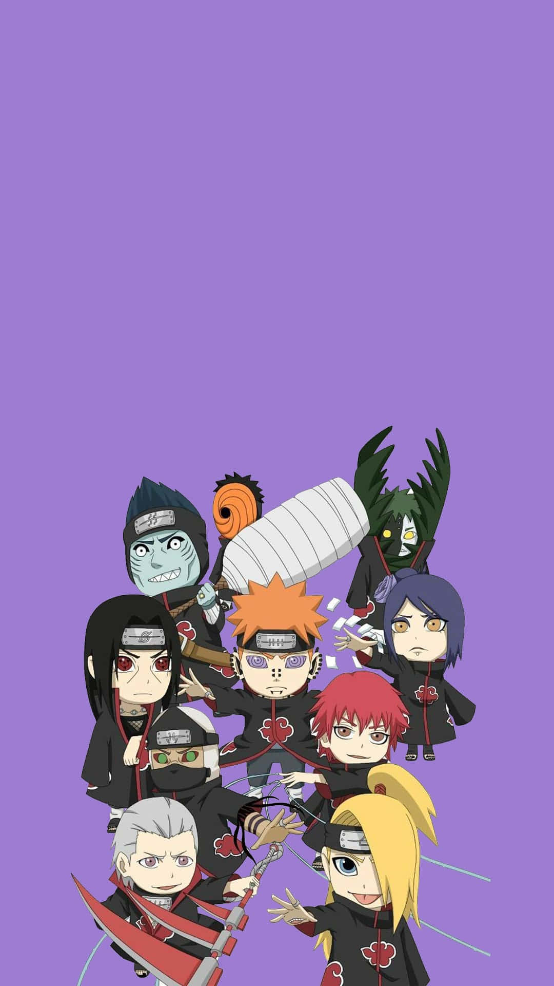 Akatsuki Chibi 桌布 壁紙 — 來自曉組織的Q版動漫角色站在純紫色背景前。