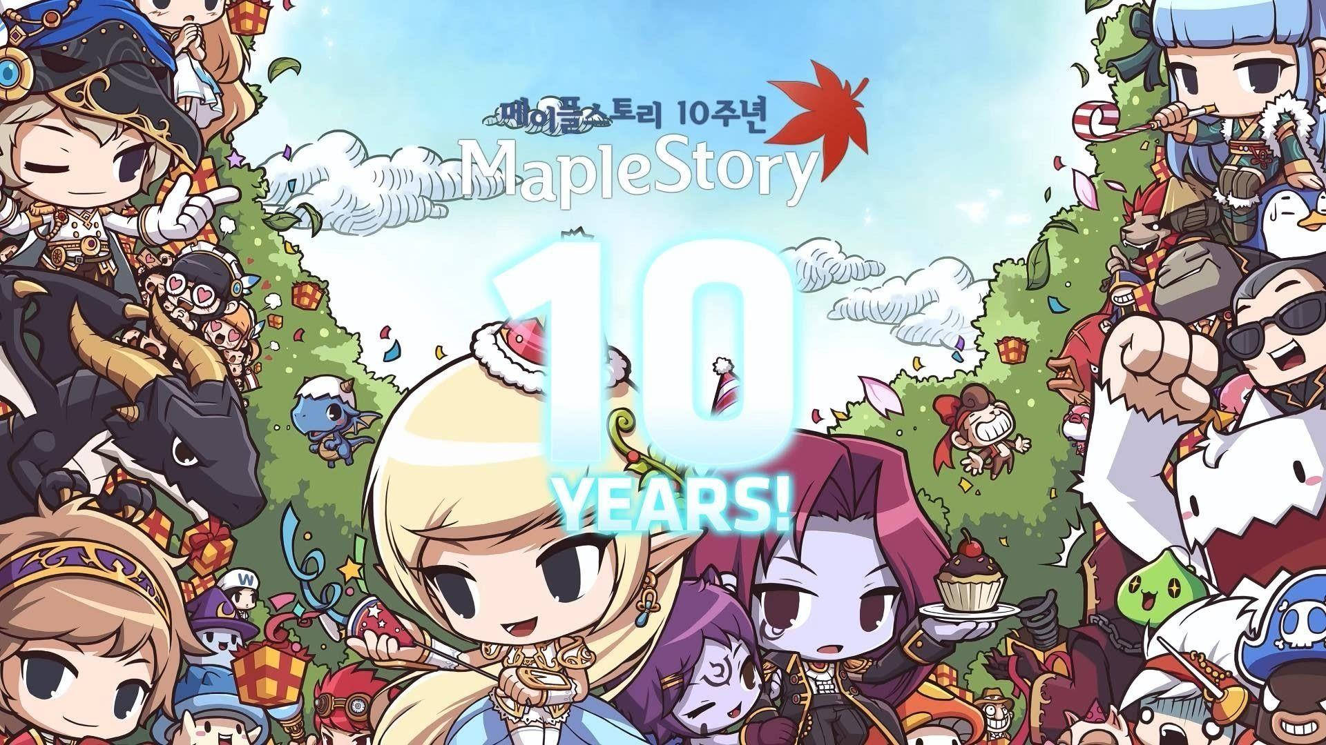 game 桌布 壁紙 — 來自楓之谷的慶祝風格Q版角色聚集在發光的「10 YEARS!」文字周圍，天空明亮，有秋葉飄落。