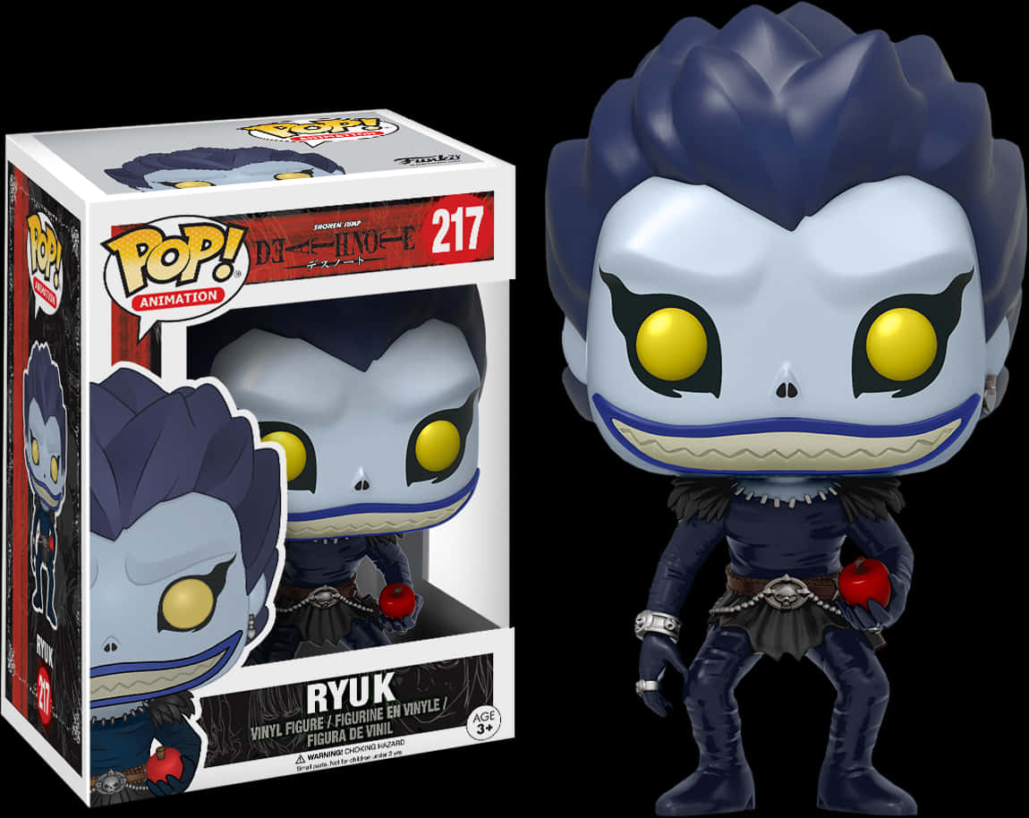 Death Note Ryuk 桌布 壁紙 — 來自死亡筆記本的琉克拿著紅蘋果，旁邊是其收藏盒的Funko Pop! 乙烯基人偶。