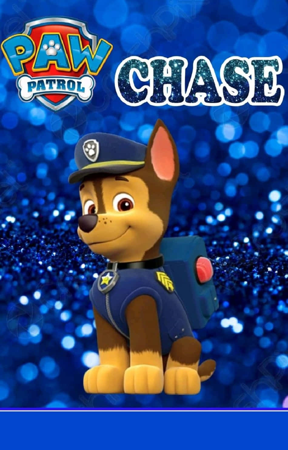 Chase Paw Patrol 桌布 壁紙 — 來自汪汪隊立大功的Chase自豪地穿著警察制服，背景是閃爍的藍色散景。