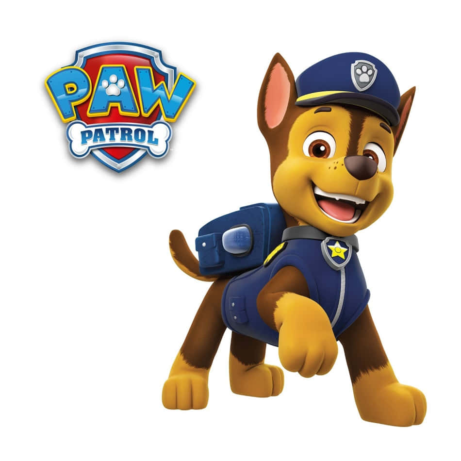 Chase Paw Patrol 桌布 壁紙 — 來自汪汪隊立大功的阿奇穿著藍色警察制服，佩戴徽章和背包，在白色背景前微笑。