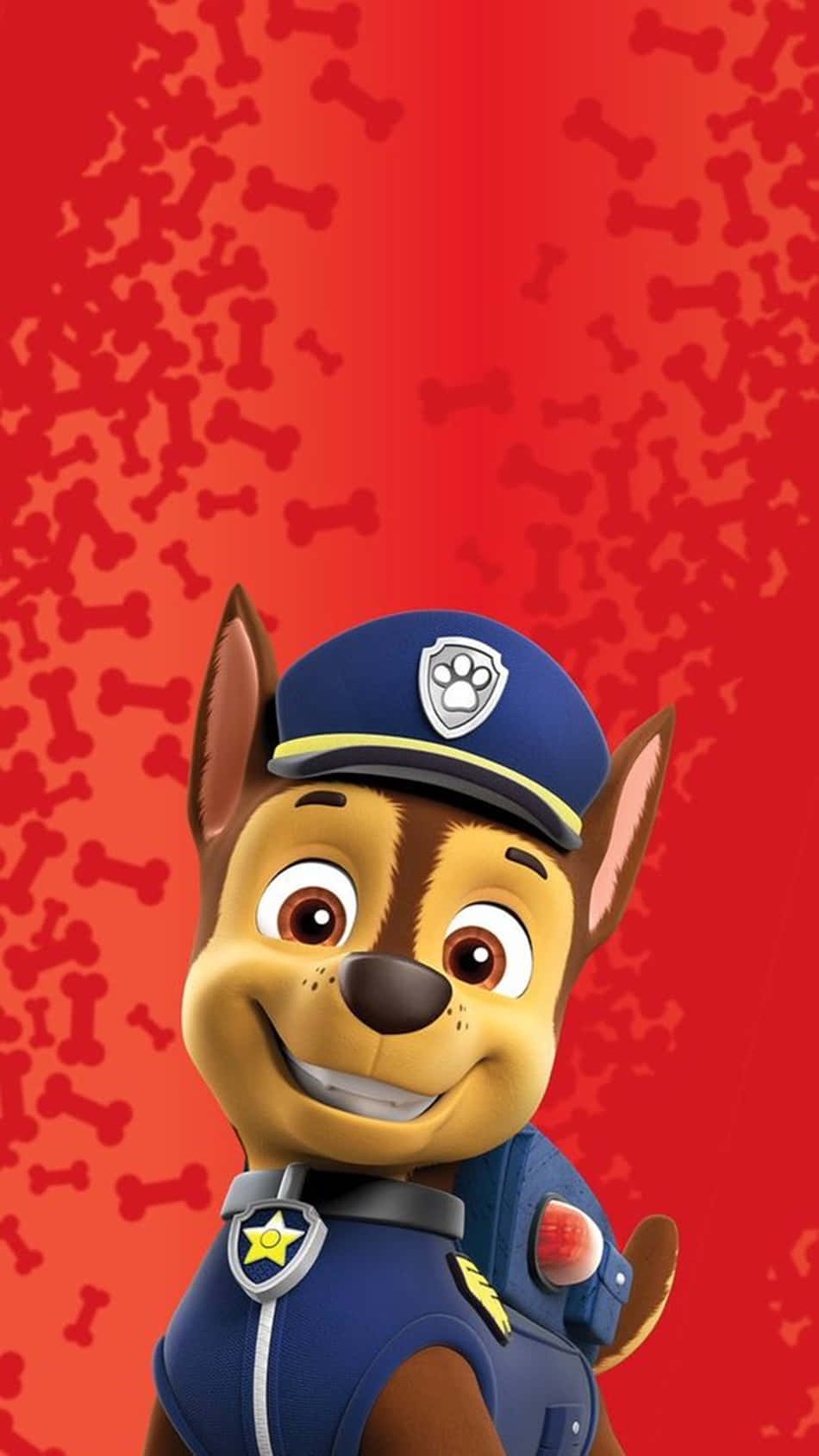 Chase Paw Patrol 桌布 壁紙 — 來自汪汪隊立大功的阿奇穿著警察制服，在帶有骨頭圖案的紅色背景上微笑。