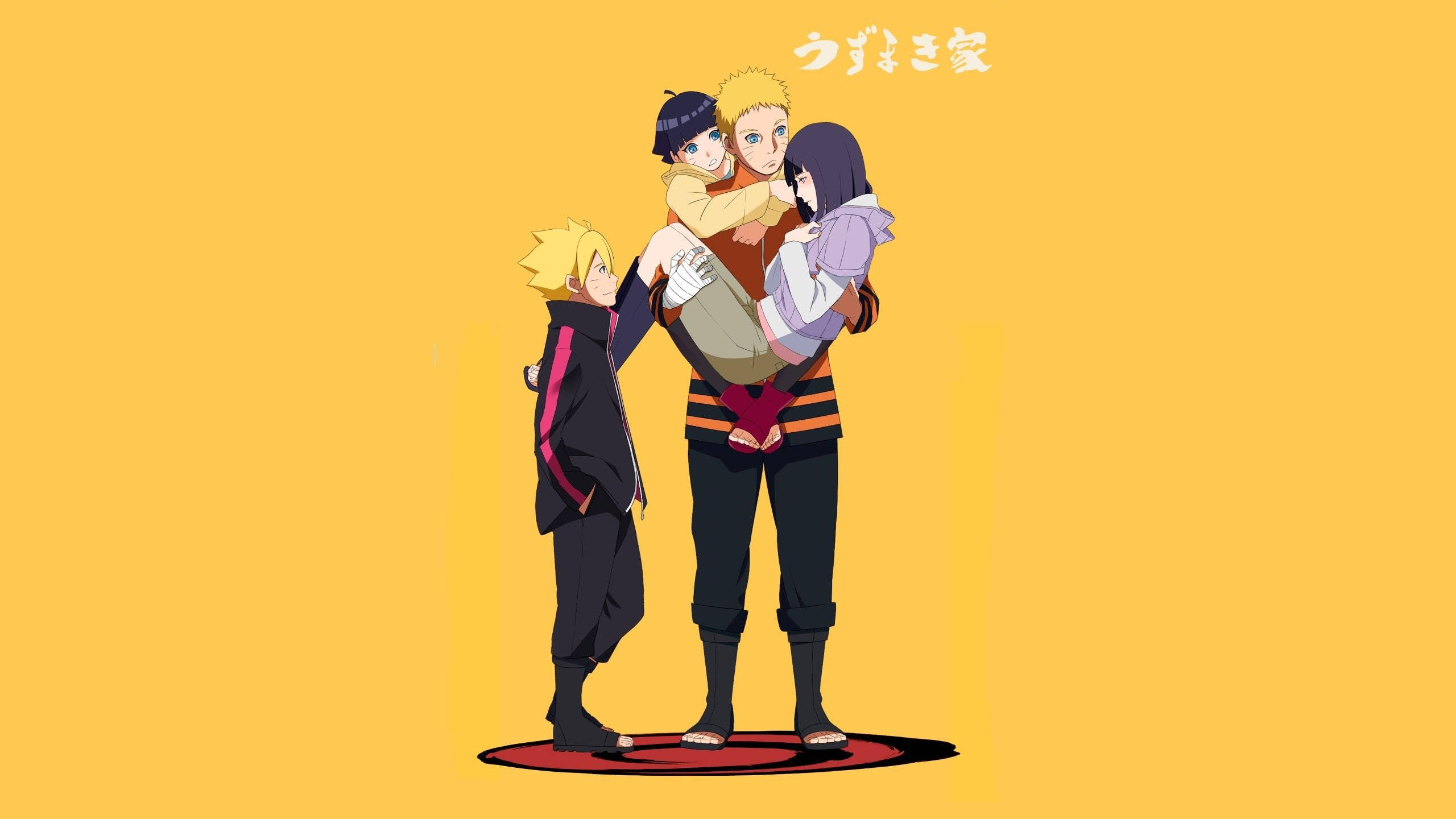 Yellow Naruto 桌布 壁紙 — 來自漩渦一族的動漫角色站在紅色印章上，背景為純黃色。