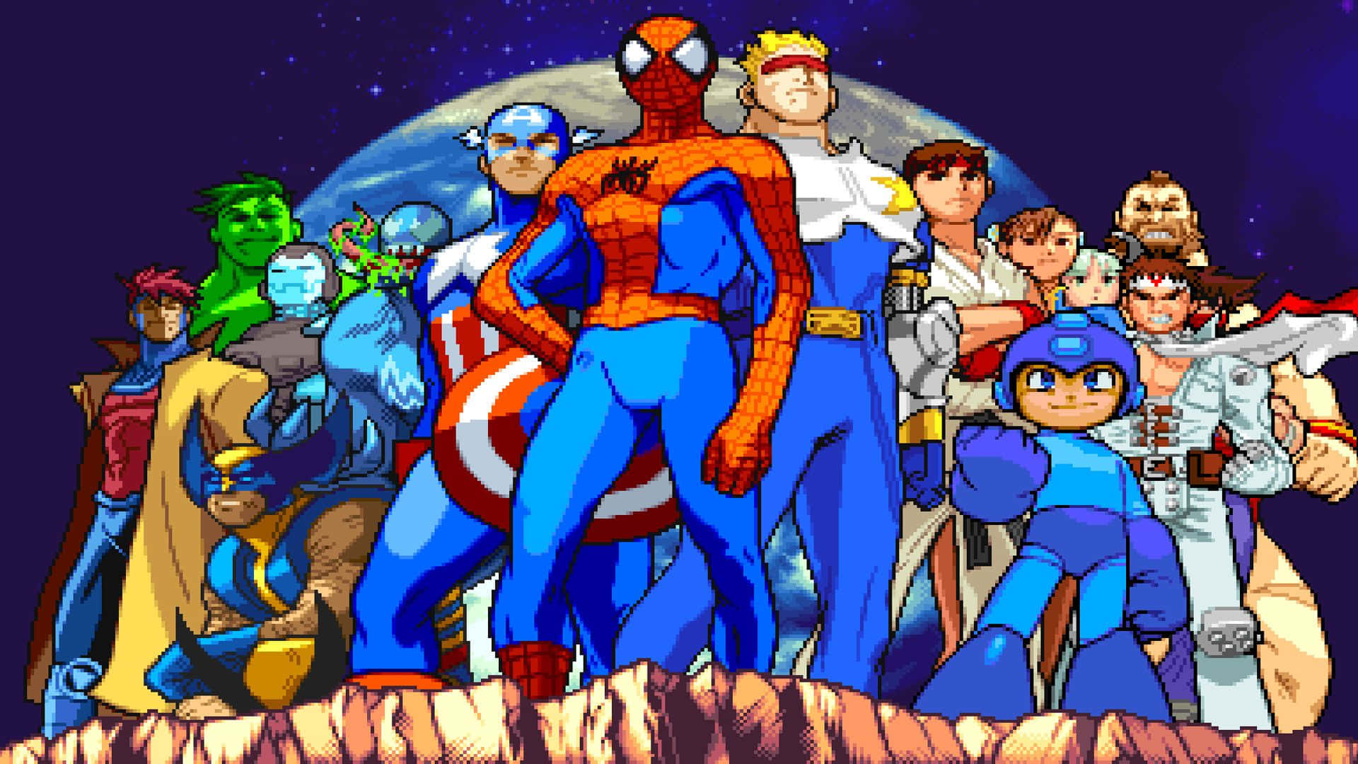 Marvel Vs Capcom 桌布 壁紙 — 來自漫畫和遊戲的像素藝術英雄，在岩石星球上英勇站立，背景是星空宇宙。