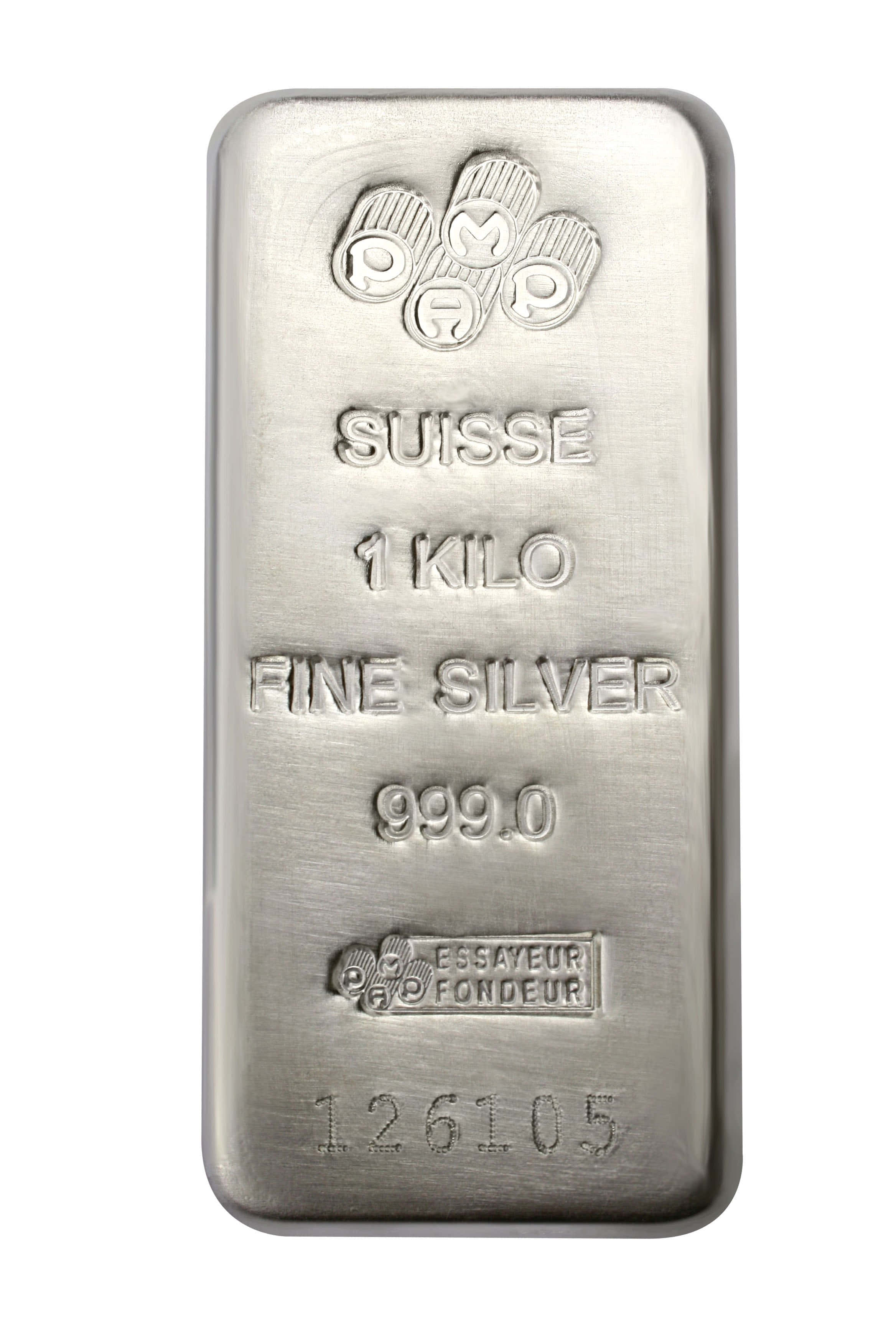 Silver 桌布 壁紙 — 來自瑞士的1公斤純銀條，純度999.0，帶有雕刻細節和拉絲金屬飾面，置於潔白背景上。