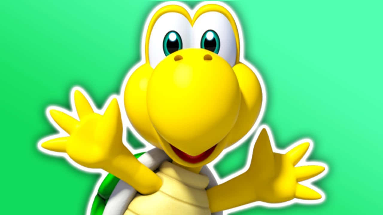 Koopa Troopa 桌布 壁紙 — 來自瑪利歐的快樂黃色庫巴龜，在明亮的綠色背景上揮手。