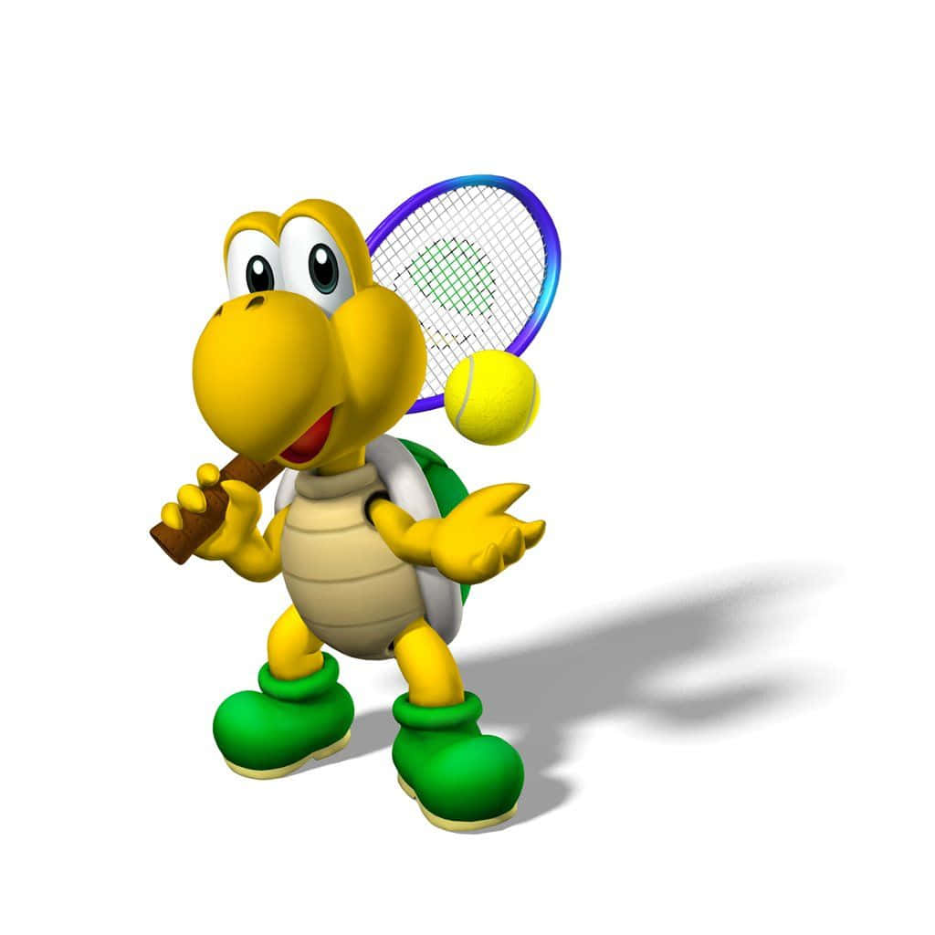 Koopa Troopa 桌布 壁紙 — 來自瑪利歐的快樂黃色庫巴龜，在純白背景前拿著網球拍和球。