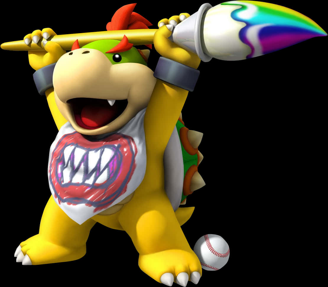 bowser 桌布 壁紙 — 來自瑪利歐遊戲的庫巴Jr.在黑色背景前，帶著喜悅的表情拿著彩虹畫筆和棒球。