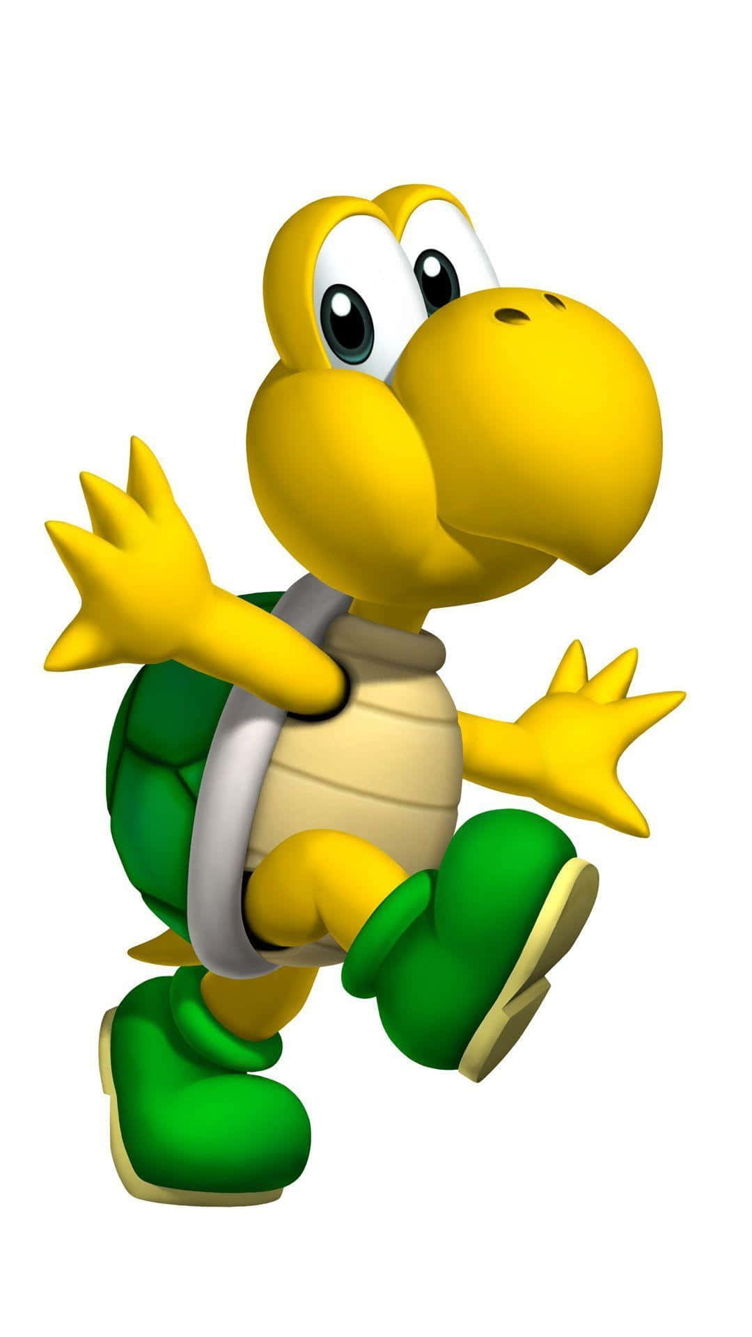 Koopa Troopa 桌布 壁紙 — 來自瑪利歐遊戲的開心黃色慢慢龜，在純白背景上張開雙臂奔跑。