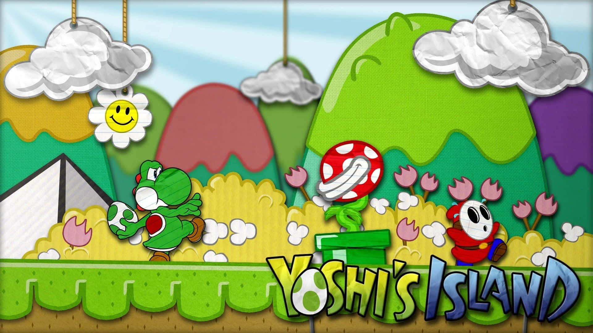 piranha plant 桌布 壁紙 — 來自耀西島的充滿活力的卡通場景，耀西與一隻小恐龍、一個紅色蘑菇和色彩繽紛的紙狀雲朵在明亮的天空下奔跑。