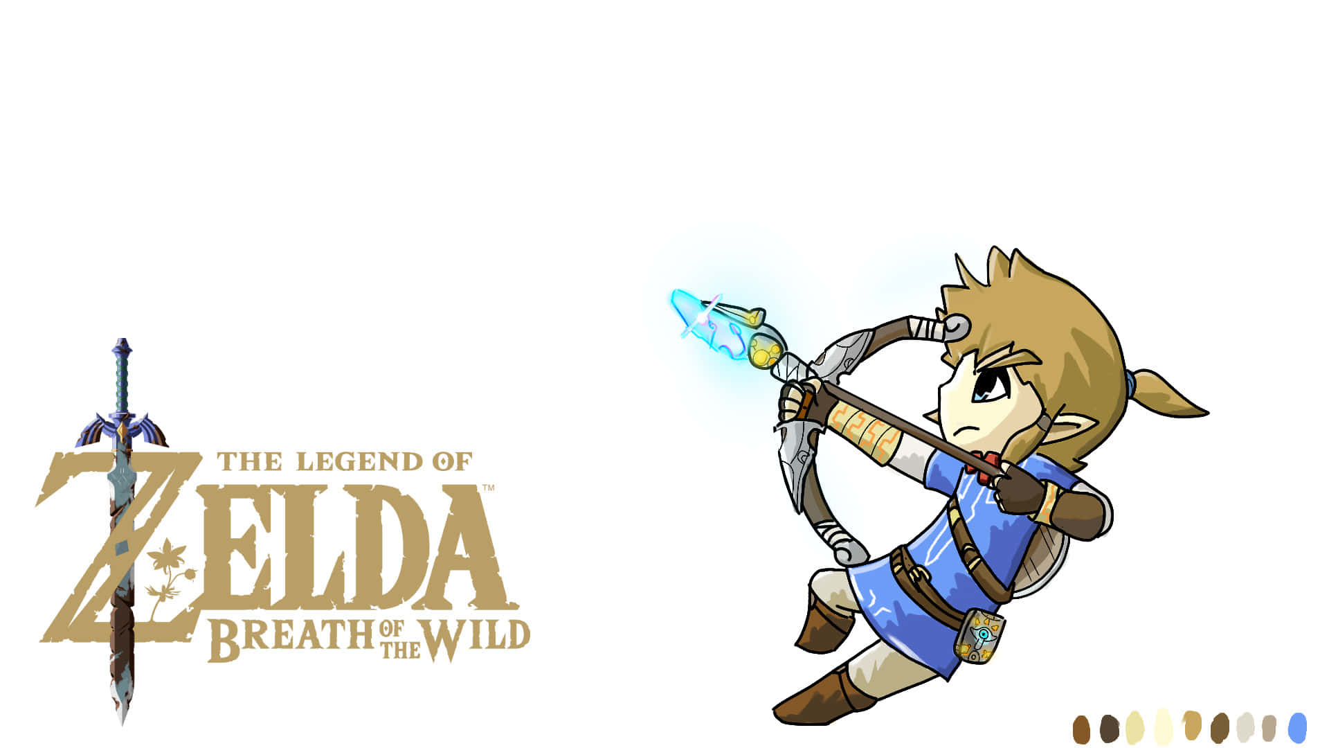 Botw 桌布 壁紙 — 來自薩爾達傳說 曠野之息的Q版林克在純白背景上瞄準發光的弓，並帶有遊戲標誌。