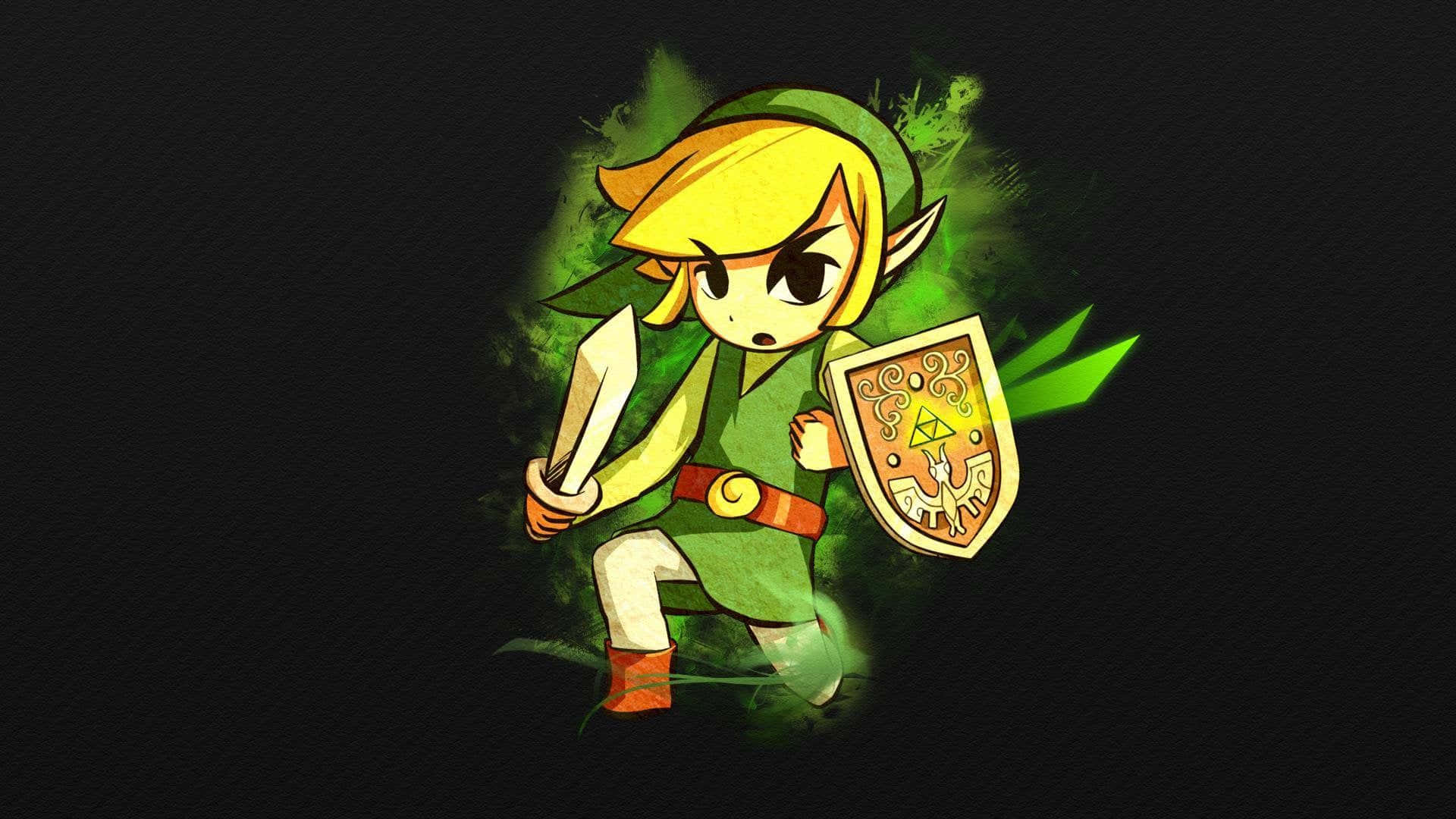 The Legend Of Zelda The Wind Waker 桌布 壁紙 — 來自薩爾達的Q版林克在深色紋理背景中，手持劍與盾，伴隨著綠色能量爆發。