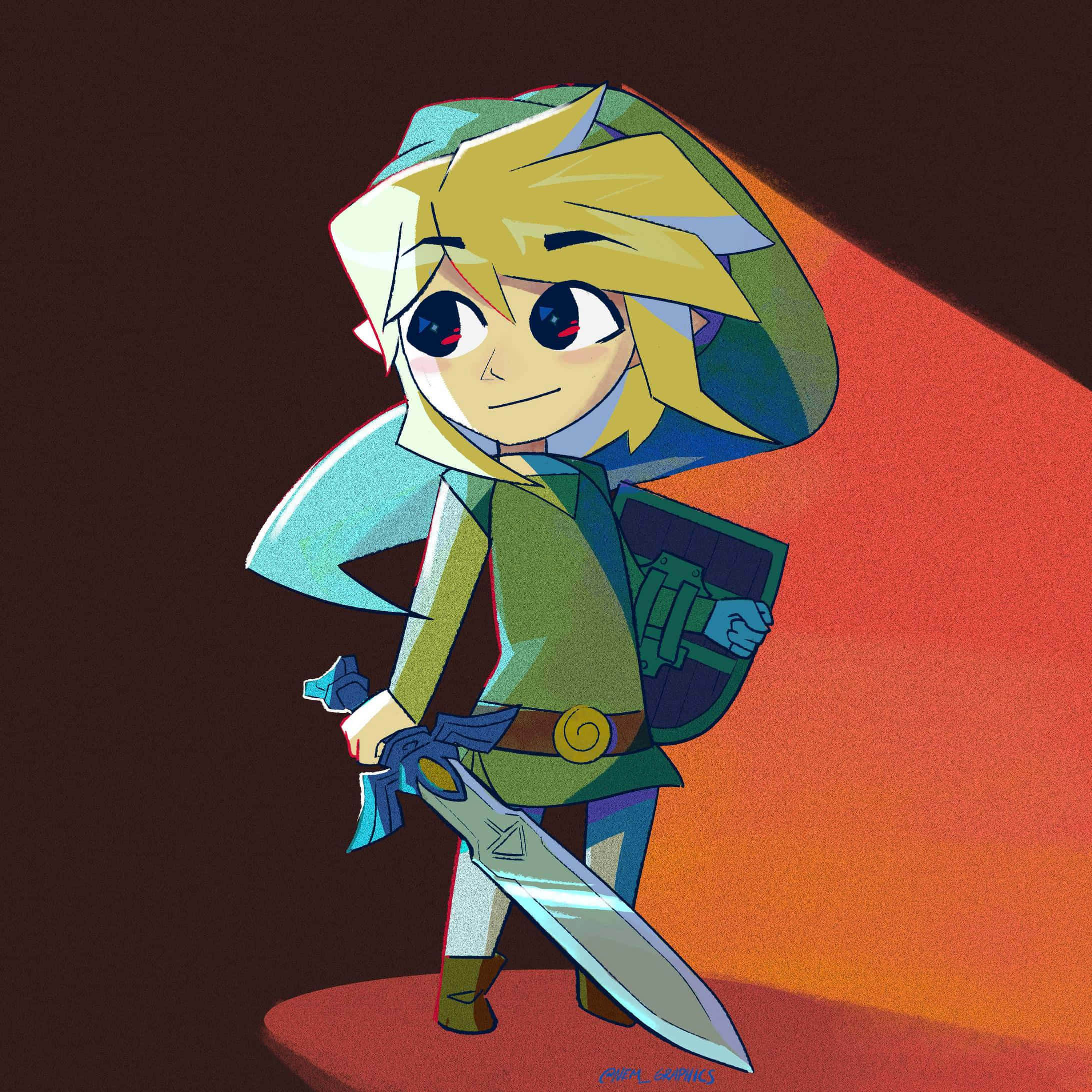 Toon Link 桌布 壁紙 — 來自薩爾達的Q版林克在黑暗漸變背景前，於溫暖聚光燈下手持劍與盾。
