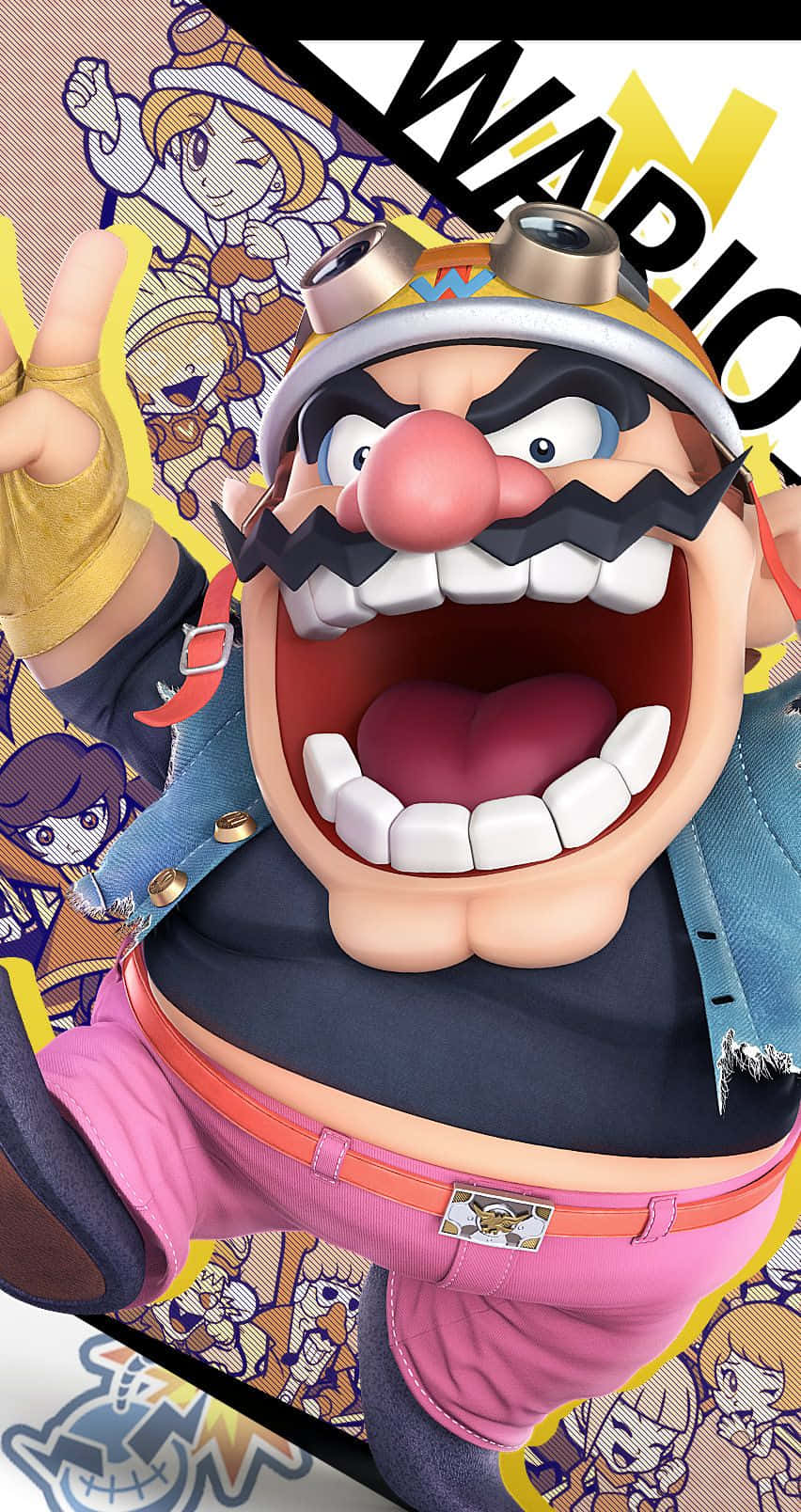 wario 桌布 壁紙 — 來自超級瑪利歐遊戲的瓦利歐在充滿活力的動漫風格宣傳海報中咧嘴大笑，帶有漫畫藝術和粗體文字。