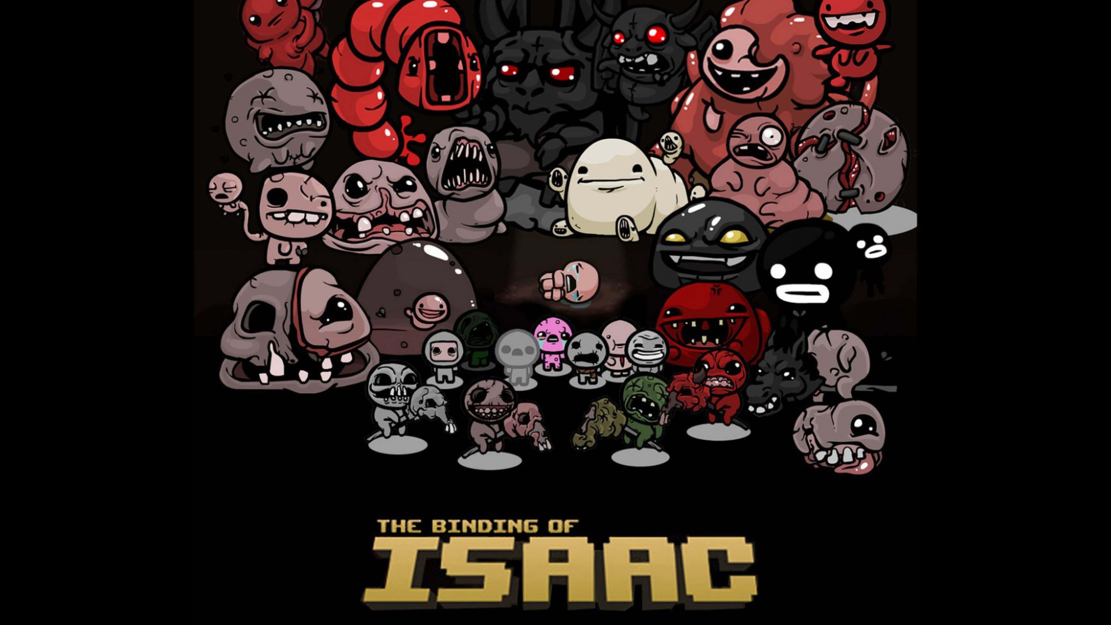 Indie Games 桌布 壁紙 — 來自遊戲《The Binding of Isaac》的怪誕怪物卡通插圖，在黑色背景上以威脅性的群組排列。