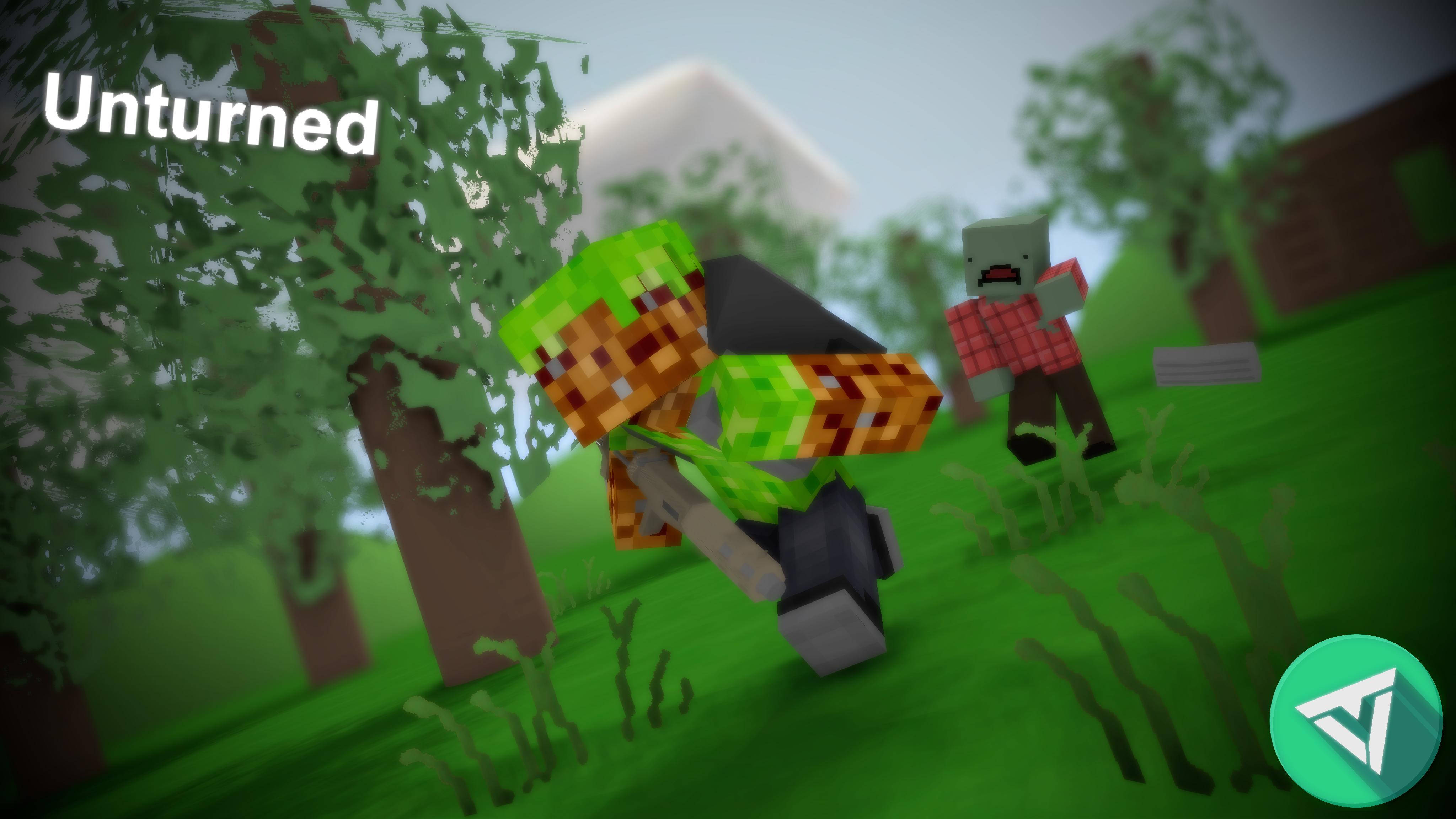 Animated 桌布 壁紙 — 來自遊戲 Unturned 的像素化殭屍在草地戶外場景中攻擊玩家。