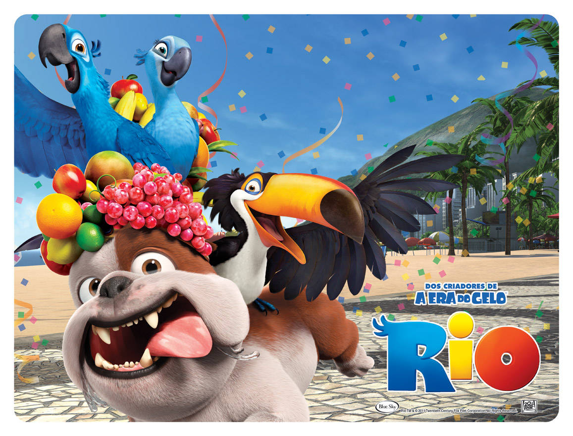 rio 桌布 壁紙 — 來自里約的歡樂動畫場景， featuring 一隻狗、一隻犀鳥和幾隻金剛鸚鵡在明亮的藍天下用水果和五彩紙屑慶祝。