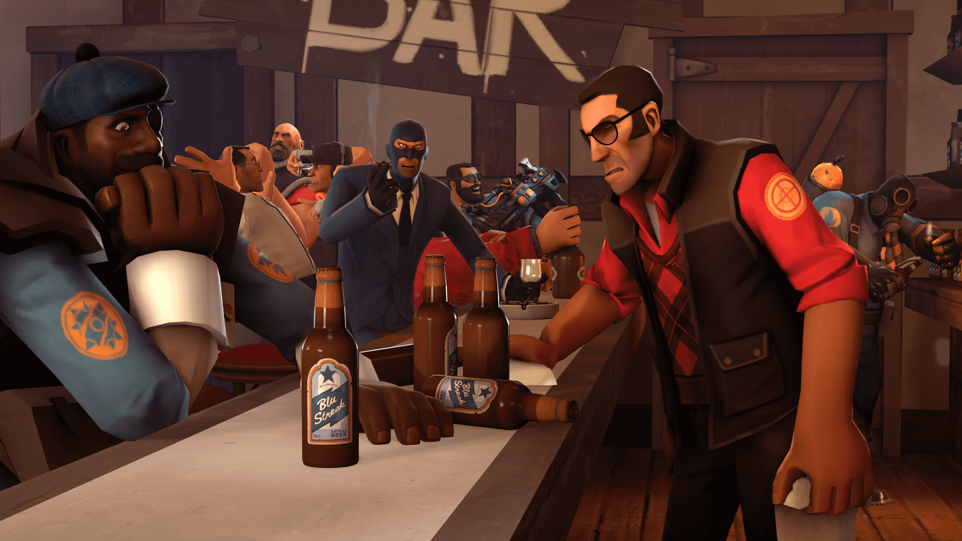 Tf2 桌布 壁紙 — 來自電子遊戲的熱鬧酒吧場景，動畫角色在木製櫃檯後喝啤酒和社交。