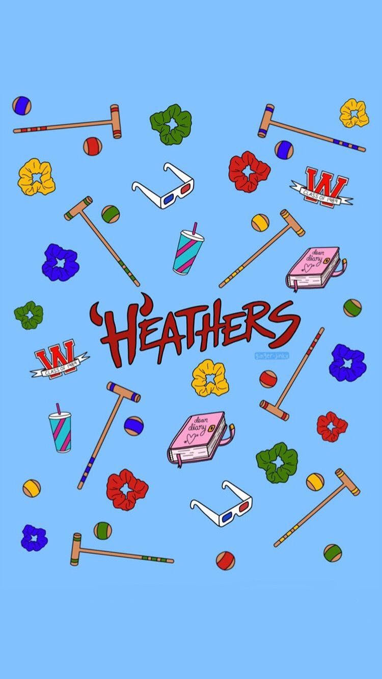 Heathers 桌布 壁紙 — 來自電影《希德姐妹幫》的鮮豔卡通風格物品漂浮在純藍色背景上。