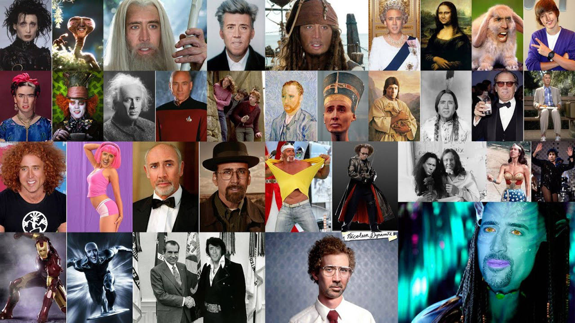 nicolas cage meme 桌布 壁紙 — 來自電影、書籍和流行文化的多樣角色拼貼，包括超級英雄、皇室和名人，身著各種服裝和場景。