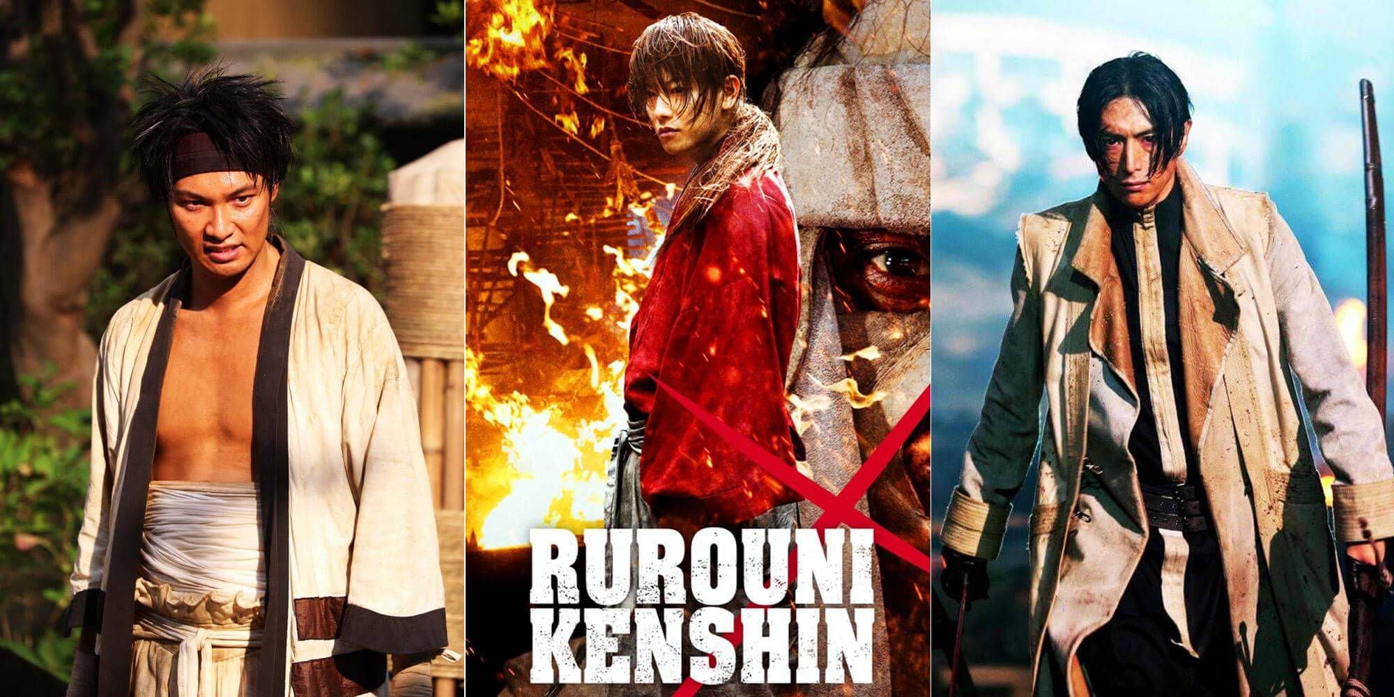 Kenshin 桌布 壁紙 — 來自電影《神劍闖江湖》的三位武士戰士，在熾熱迷霧背景中擺出戲劇性姿勢。