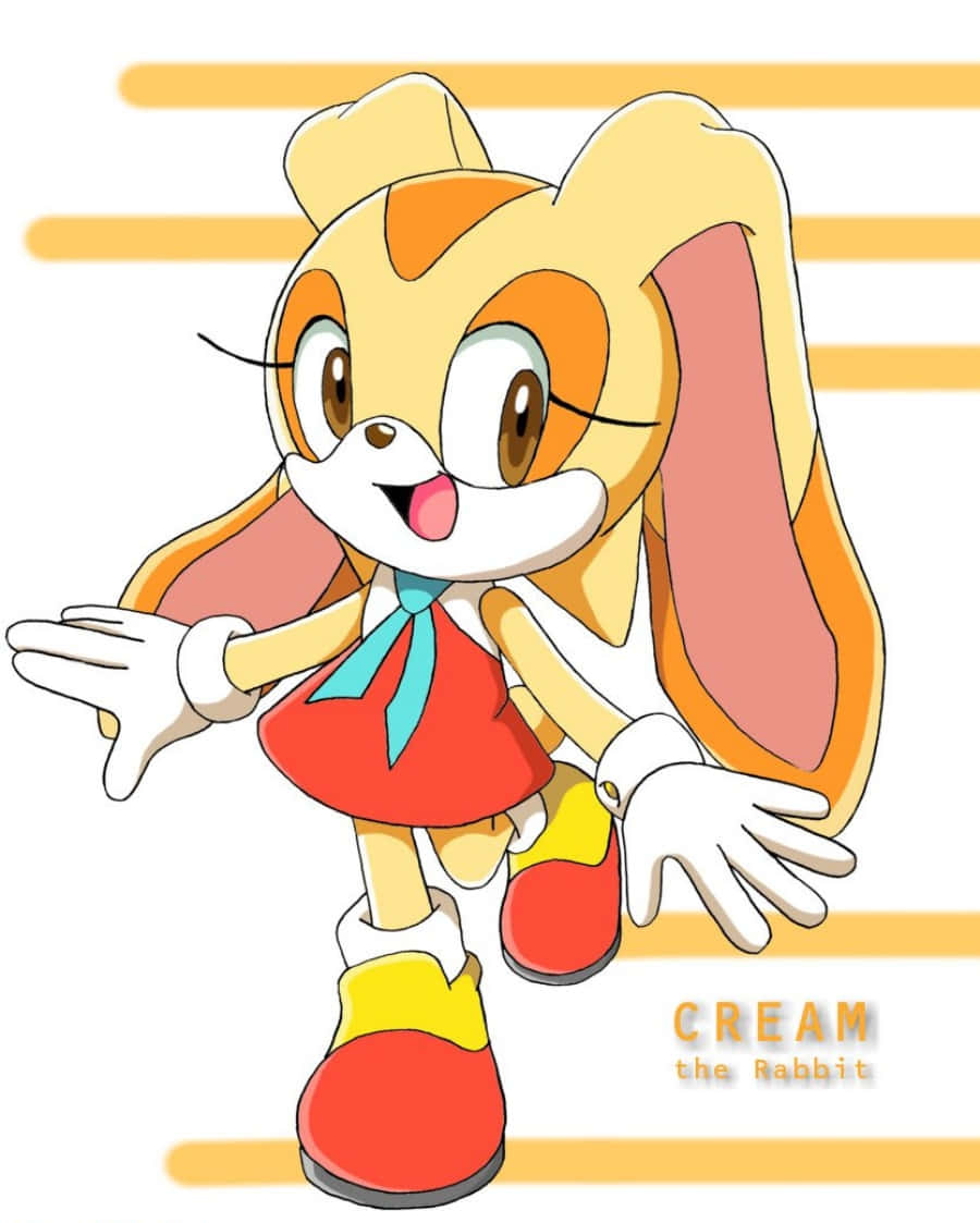 Cream The Rabbit 桌布 壁紙 — 來自音速小子的克莉姆兔穿著紅色連衣裙和黃色鞋子，在條紋背景前開心地微笑。