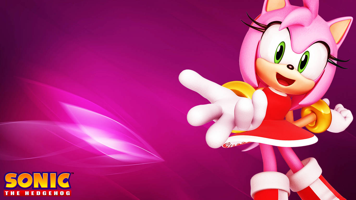 Amy Rose 桌布 壁紙 — 來自音速小子的粉紅色刺蝟艾咪·羅斯微笑著向前指，背景是充滿活力的洋紅色，帶有發光的條紋。