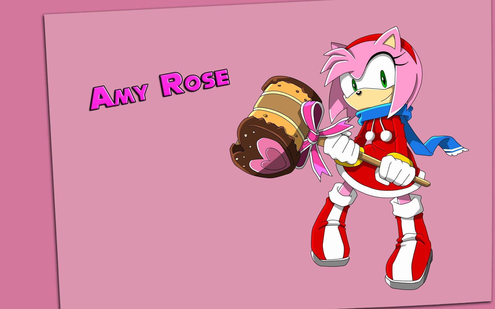 Amy Rose 桌布 壁紙 — 來自音速小子的艾咪·羅斯在純粉紅色背景前拿著一個巨大的巧克力覆蓋的冰淇淋甜筒，上面有粉紅色絲帶。