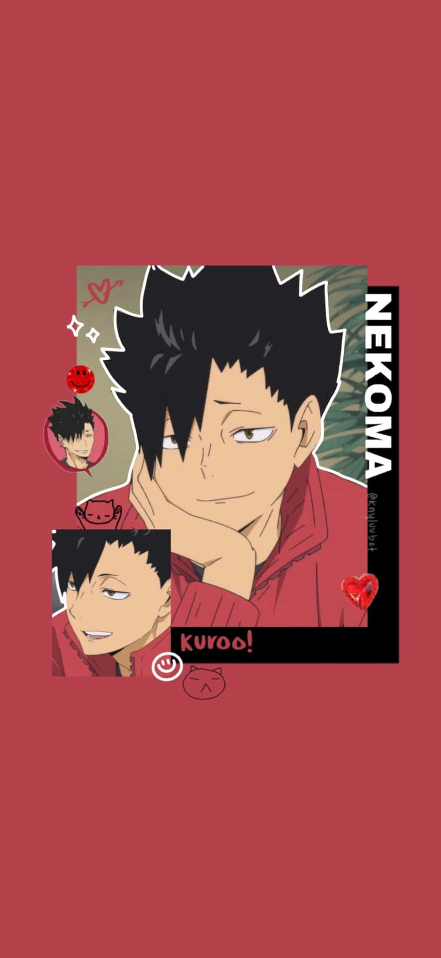 Haikyuu Nekoma 桌布 壁紙 — 來自音駒的動漫角色黑尾，帶著得意的表情，身穿紅色連帽衫，背景為純紅色，帶有心形和貓咪圖案。
