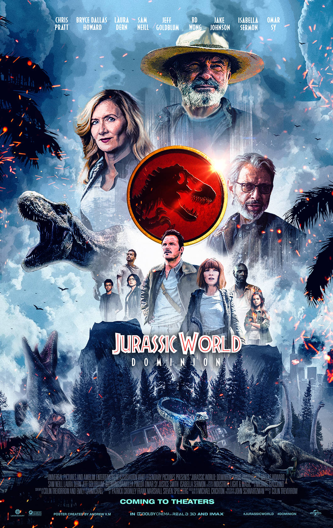 World 桌布 壁紙 — 《侏羅紀世界：統治》的戲劇性電影海報，演員和恐龍在暴風雨的天空和火花中。