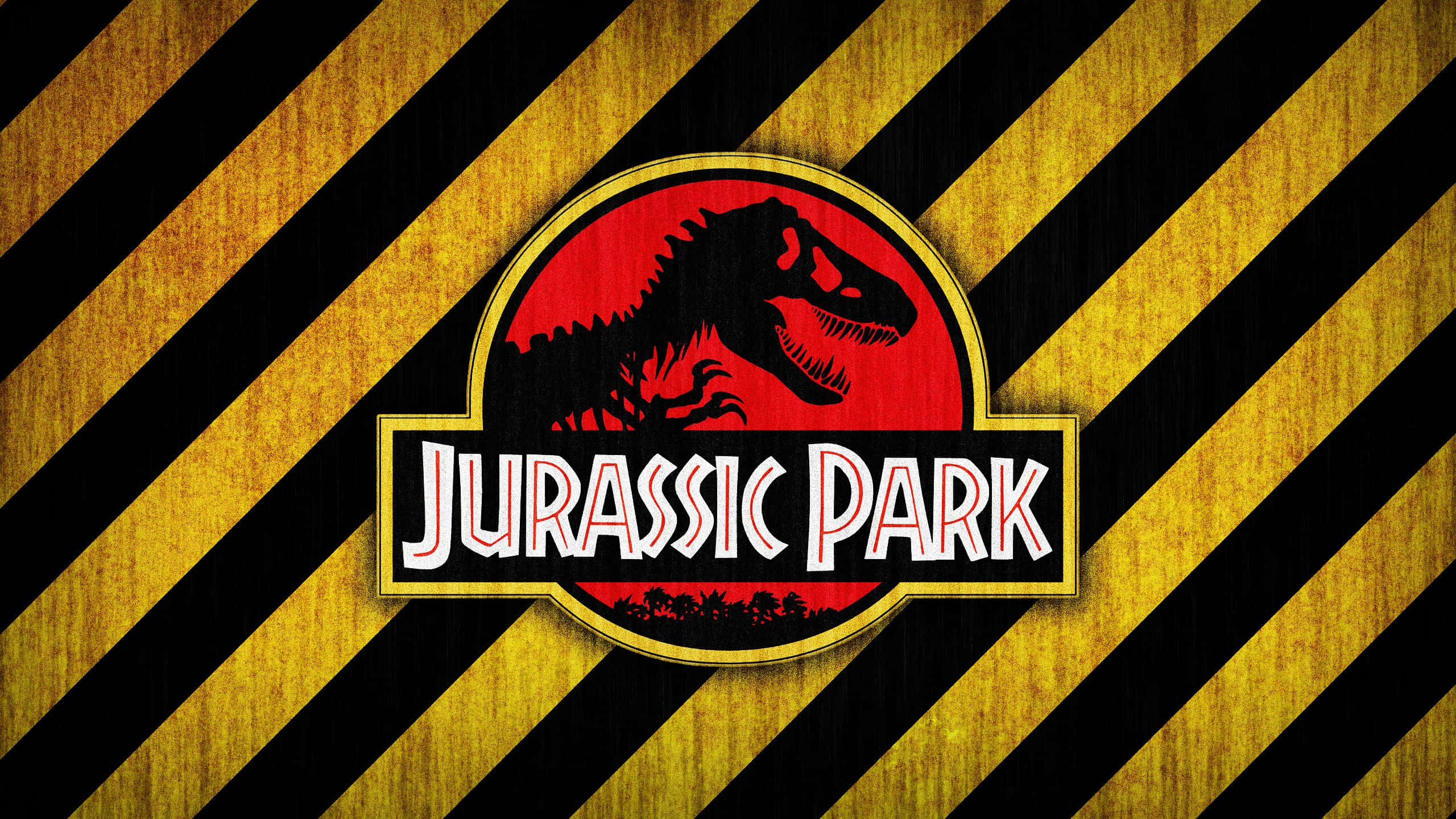 Jurassic Park Zoom 桌布 壁紙 — 侏羅紀公園標誌，紅色背景上有一個咆哮的暴龍剪影，襯以黃色和黑色對角線危險條紋。