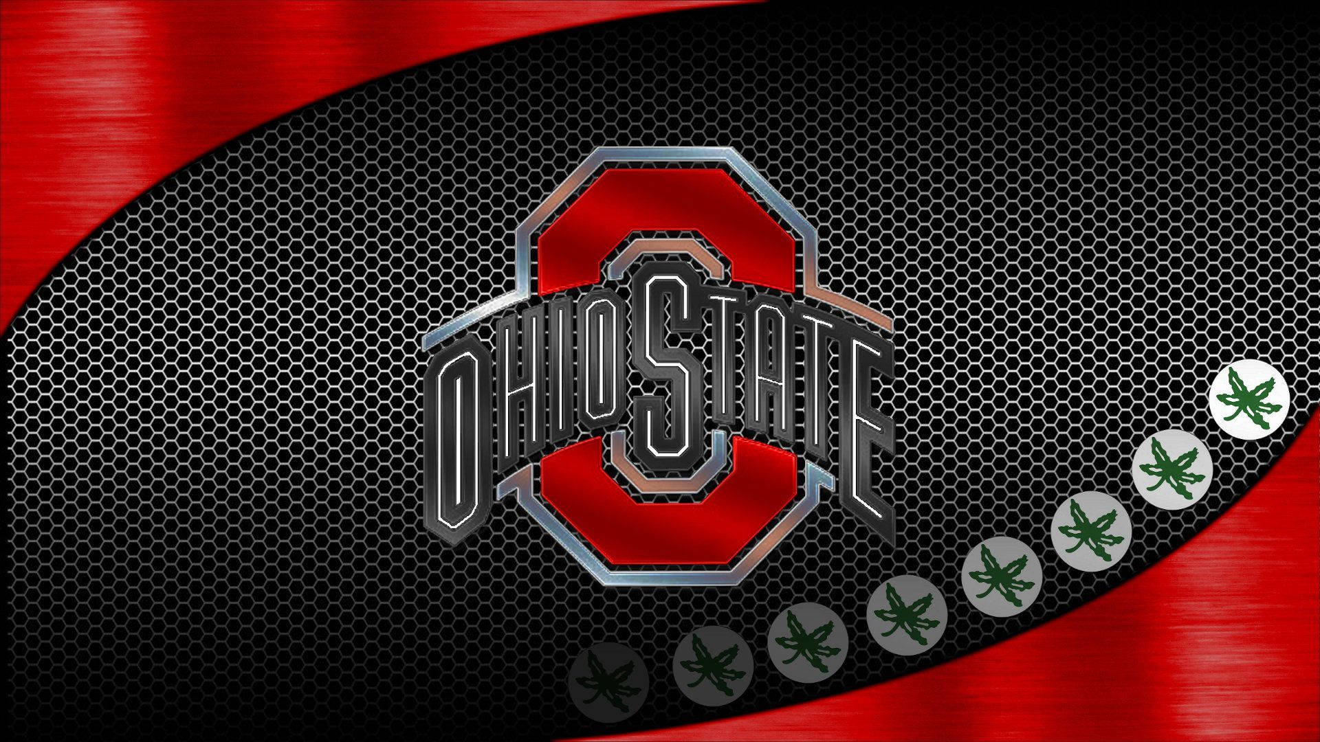 Ohio 桌布 壁紙 — 俄亥俄州立大學標誌，紅黑配色，金屬光澤，六角網格背景，兩側有大麻葉圖標。