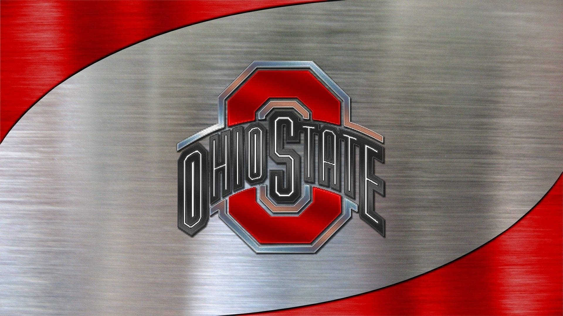 Ohio 桌布 壁紙 — 俄亥俄州立大學的標誌以粗體紅色和鉻色在拉絲金屬背景上脫穎而出，並帶有紅色弧形裝飾。