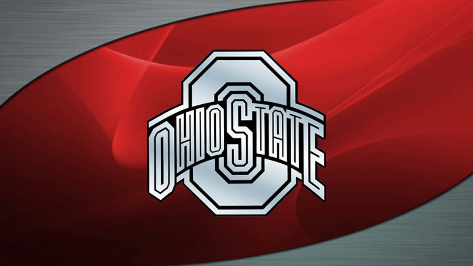 Ohio State Logo 桌布 壁紙 — 俄亥俄州立大學的銀色和黑色標誌在動感的紅色和灰色抽象背景上脫穎而出。