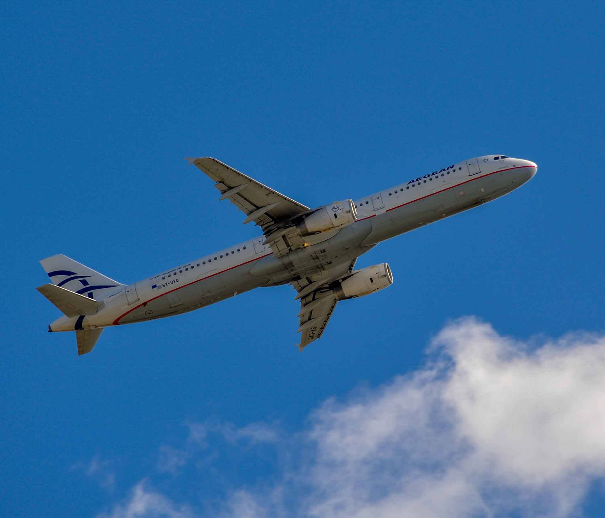 Plane 桌布 壁紙 — 俄羅斯航空飛機在清澈的藍天中翱翔，下方有蓬鬆的白雲。