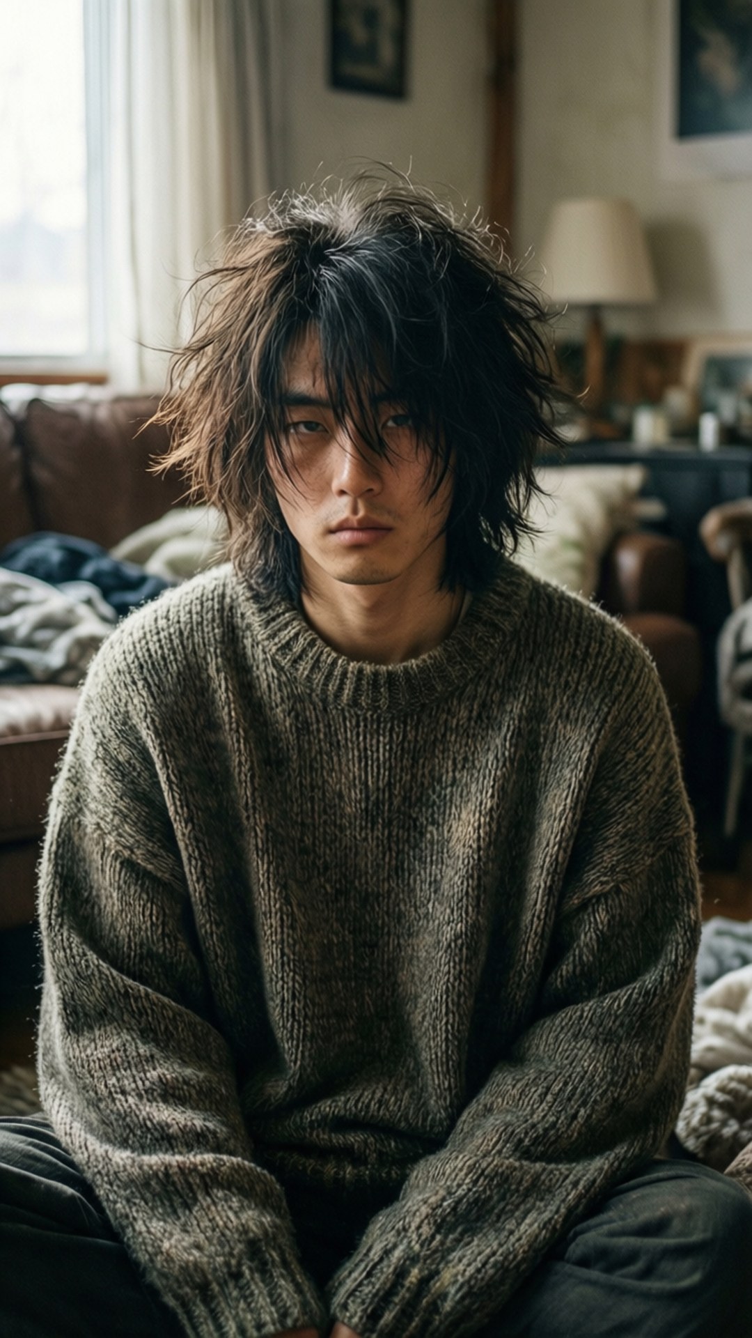 俊奎早晨氛圍 壁紙 — 一個頭髮凌亂的深色頭髮年輕男子坐在舒適的客廳裡，穿著一件厚實的針織毛衣。