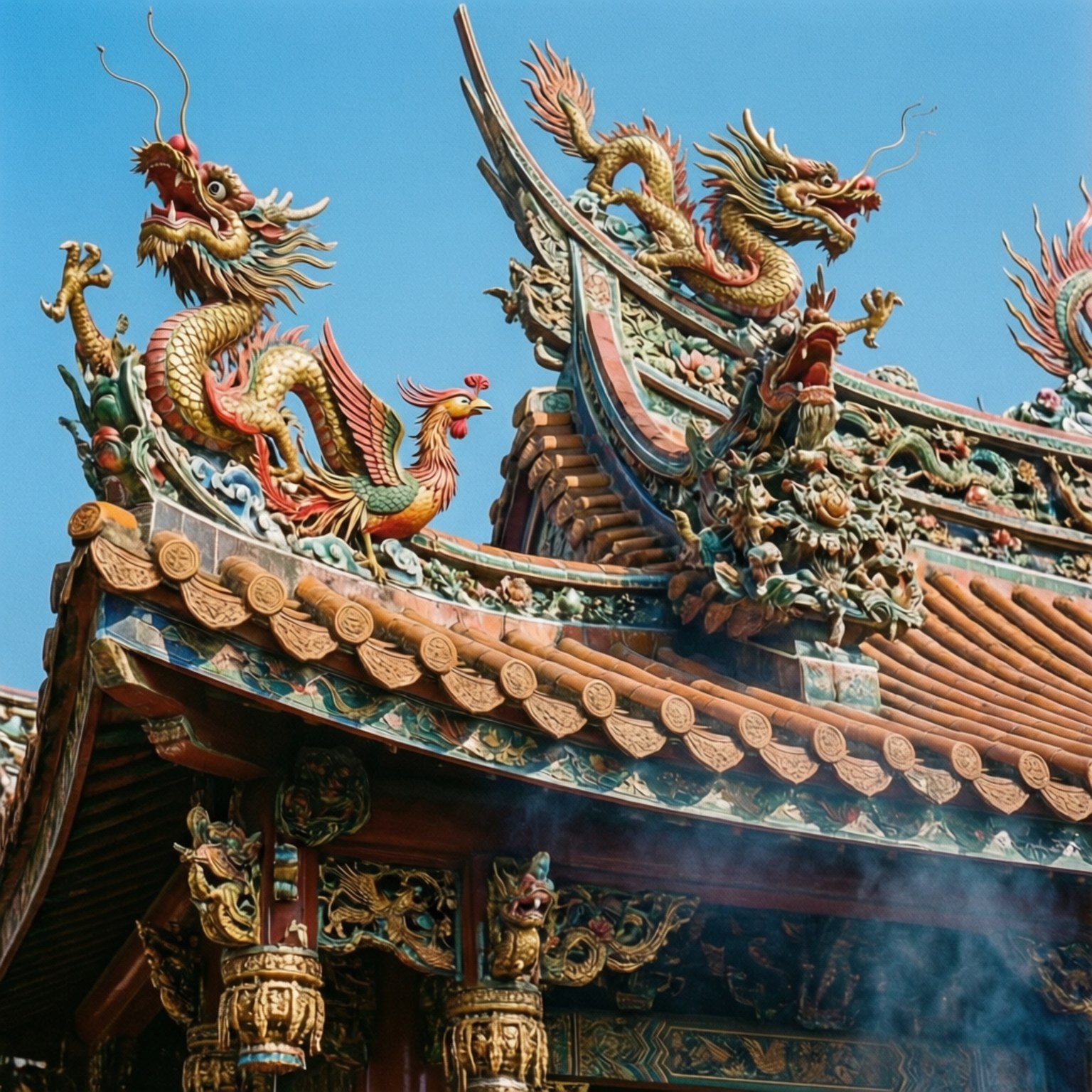 寺廟屋頂上龍鳳雕刻的細部特寫。