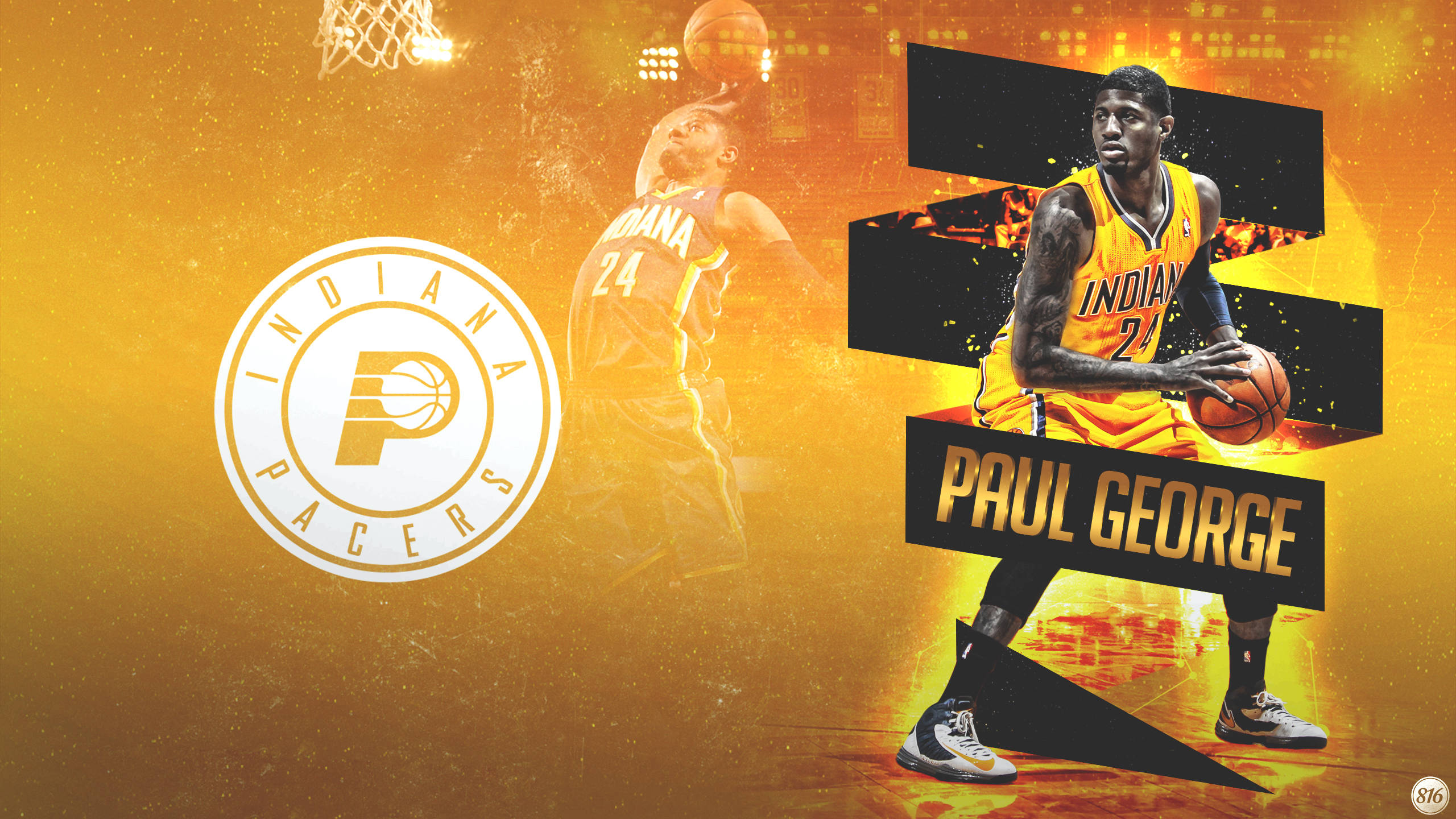 Pacers 桌布 壁紙 — 保羅·喬治身穿印第安納溜馬球衣，在火焰金色背景、球隊標誌和動態運動模糊中運球。