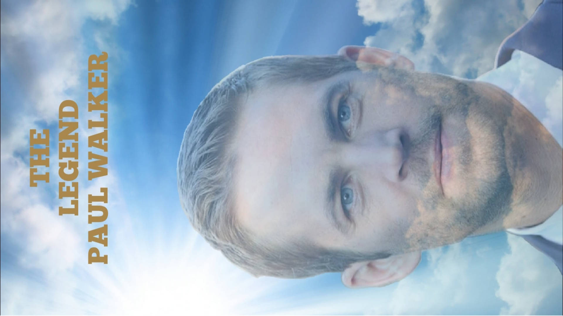 Paul Walker 桌布 壁紙 — 保羅·沃克的肖像，背景是天空和雲朵，金色文字寫著「THE LEGEND PAUL WALKER」。