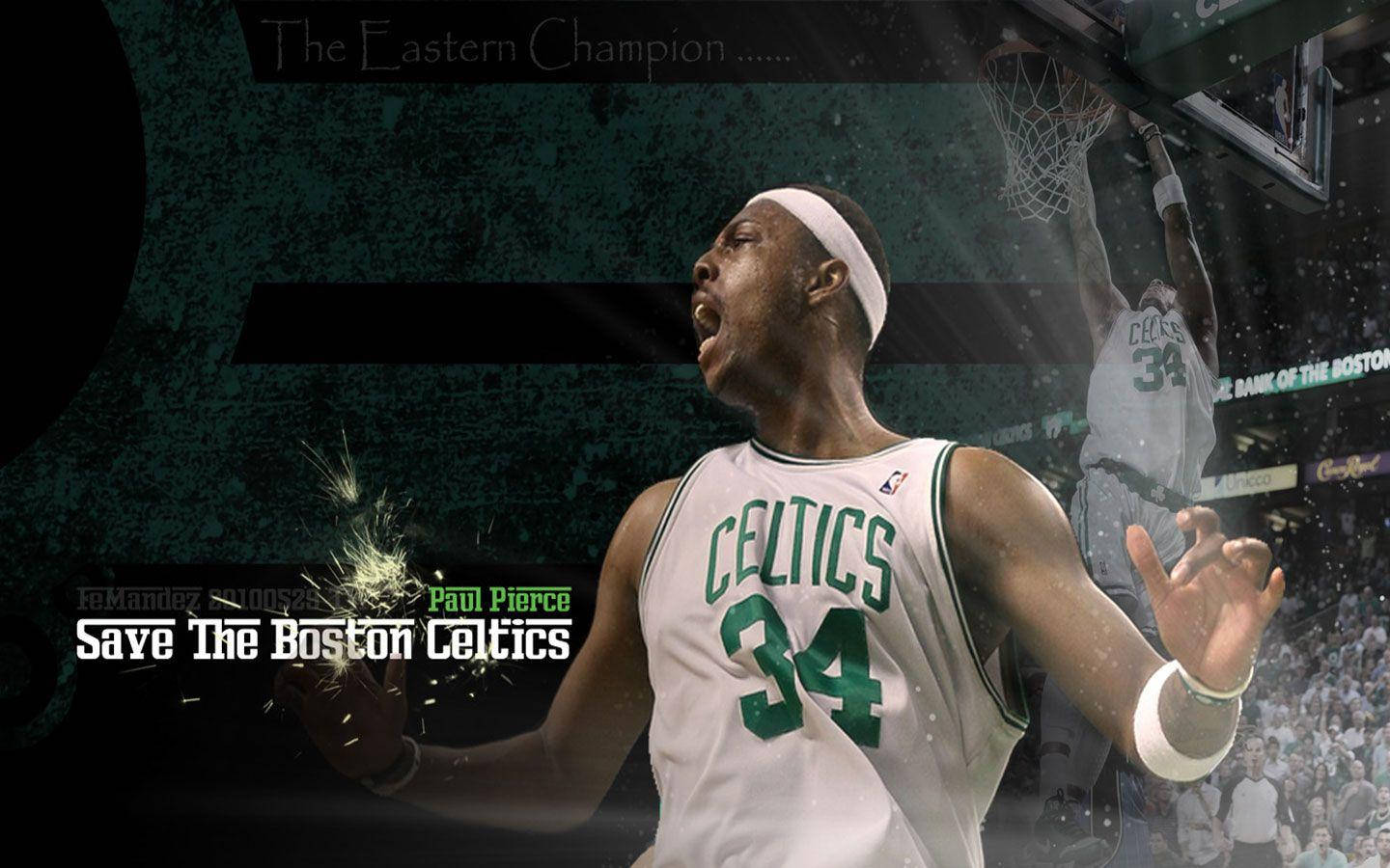 Paul Pierce 桌布 壁紙 — 保羅·皮爾斯身穿塞爾提克球衣慶祝，火花四濺，他灌籃的剪影在擁擠的球場中聳立在他身後。