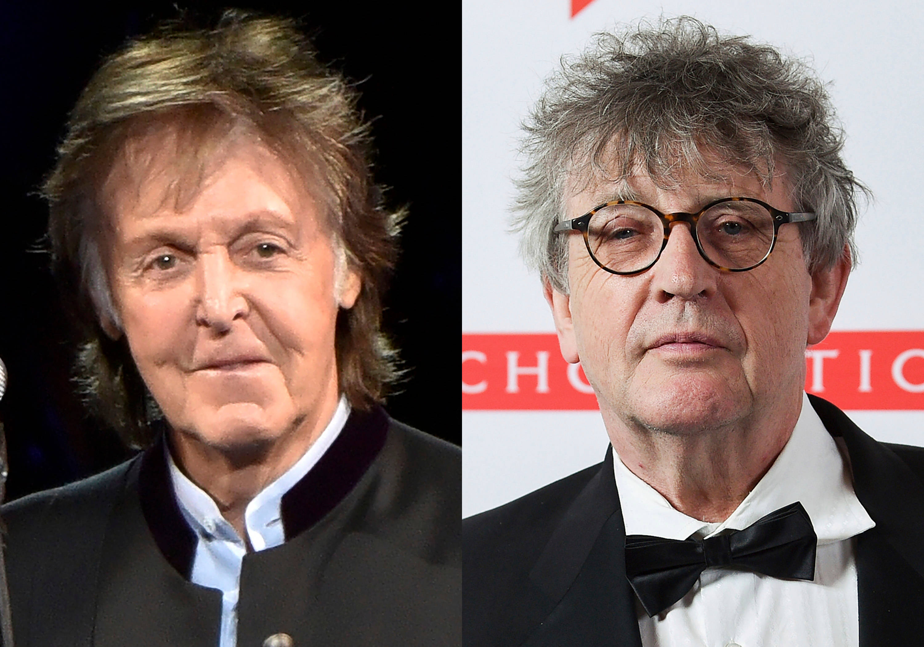 Celebrity 桌布 壁紙 — 保羅·麥卡尼與導演李察·寇蒂斯在正式活動中的分割肖像，兩人都穿著燕尾服，表情嚴肅。